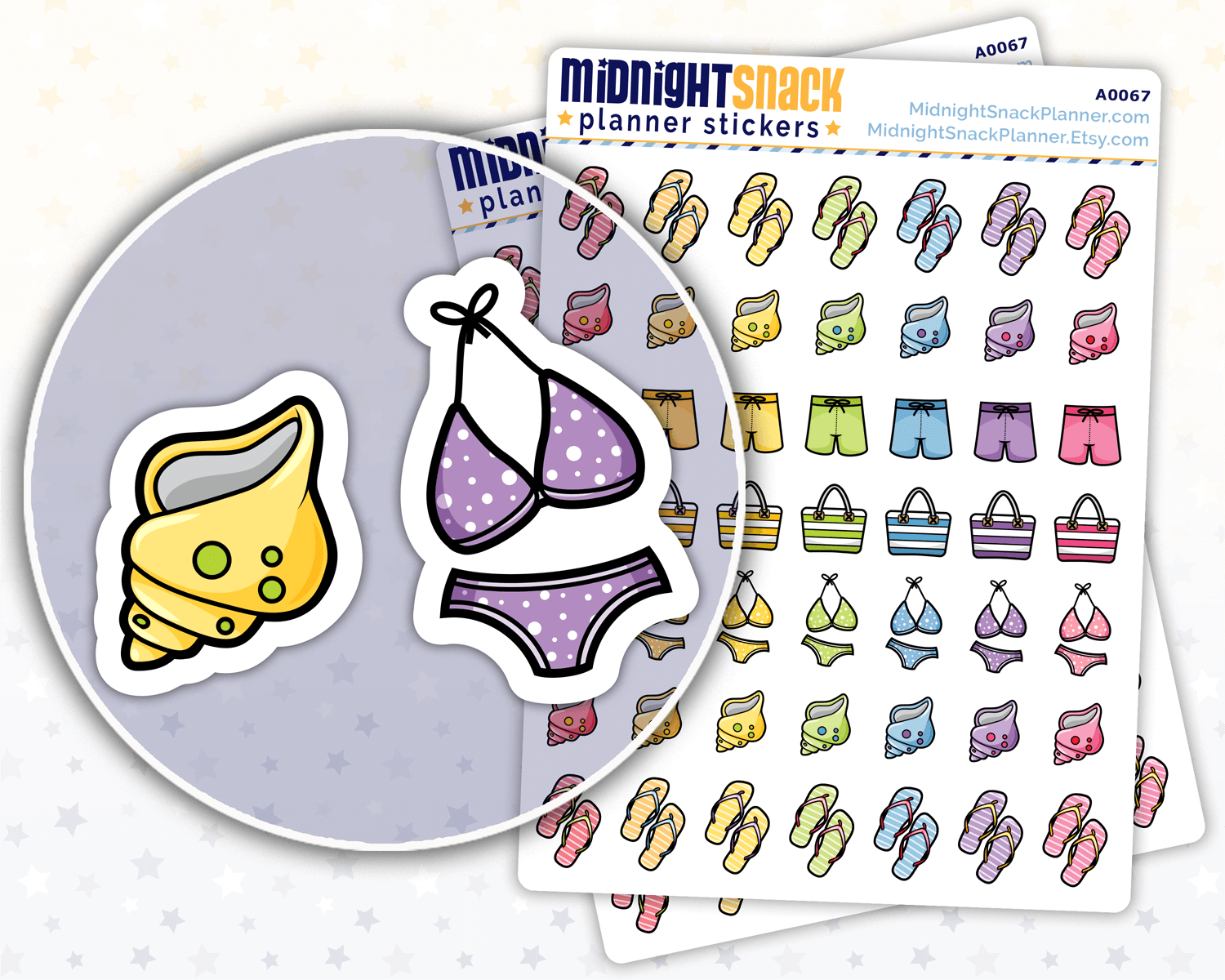 Beach themed planner stickers.  Featuring hand drawn  summer-fun icons, including flip-flops, sea shells, swimming suits, and beach bags. 
