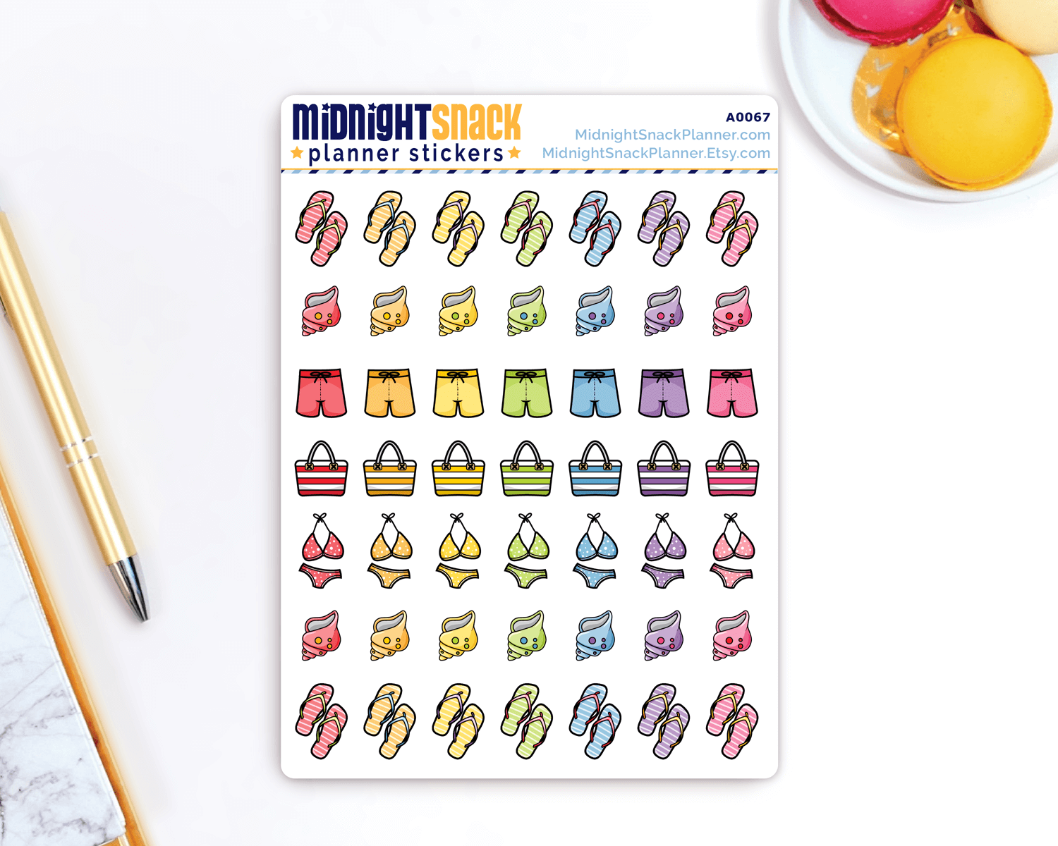 Beach themed planner stickers full sheet. Featuring hand drawn summer fun icons, including flip-flops, sea shells, swimming suits, and beach bags in a variety of colours. 