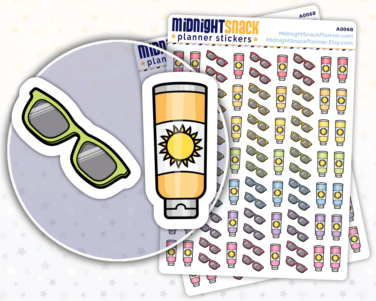Summer sun protection planner stickers. Featuring hand drawn sunscreen and sunglasses icons in a variety of colours. 