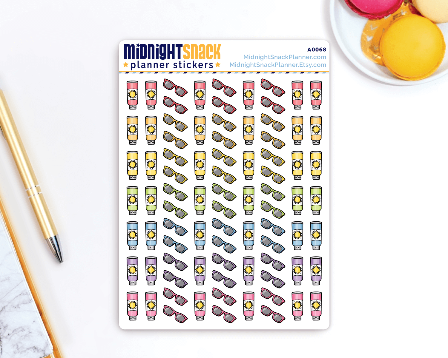 Sun protection planner stickers full sheet. Featuring hand drawn sunscreen and sunglasses icons in a variety of colours. 