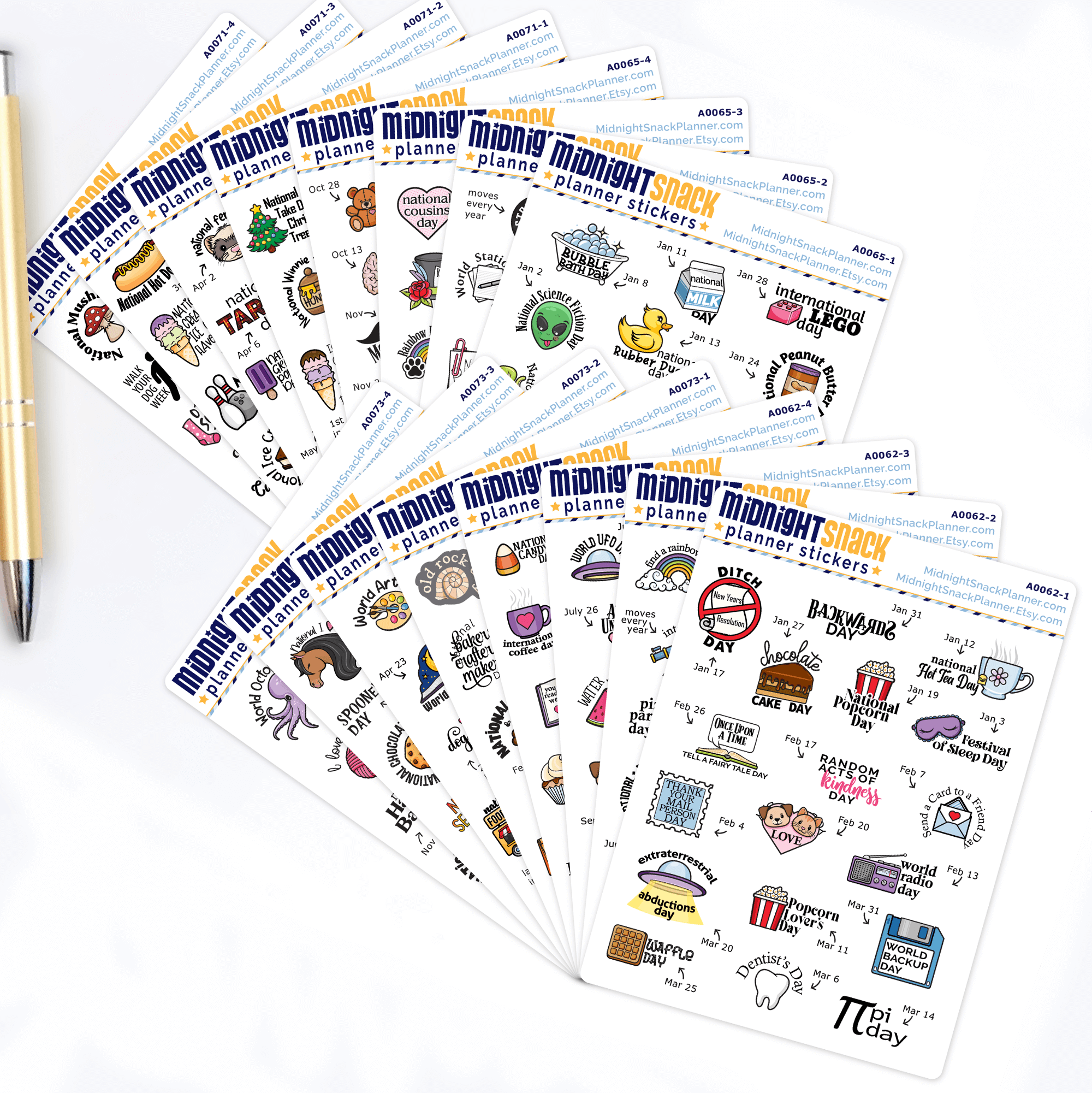 Wacky Holiday planner stickers. All 16 pages shown. 