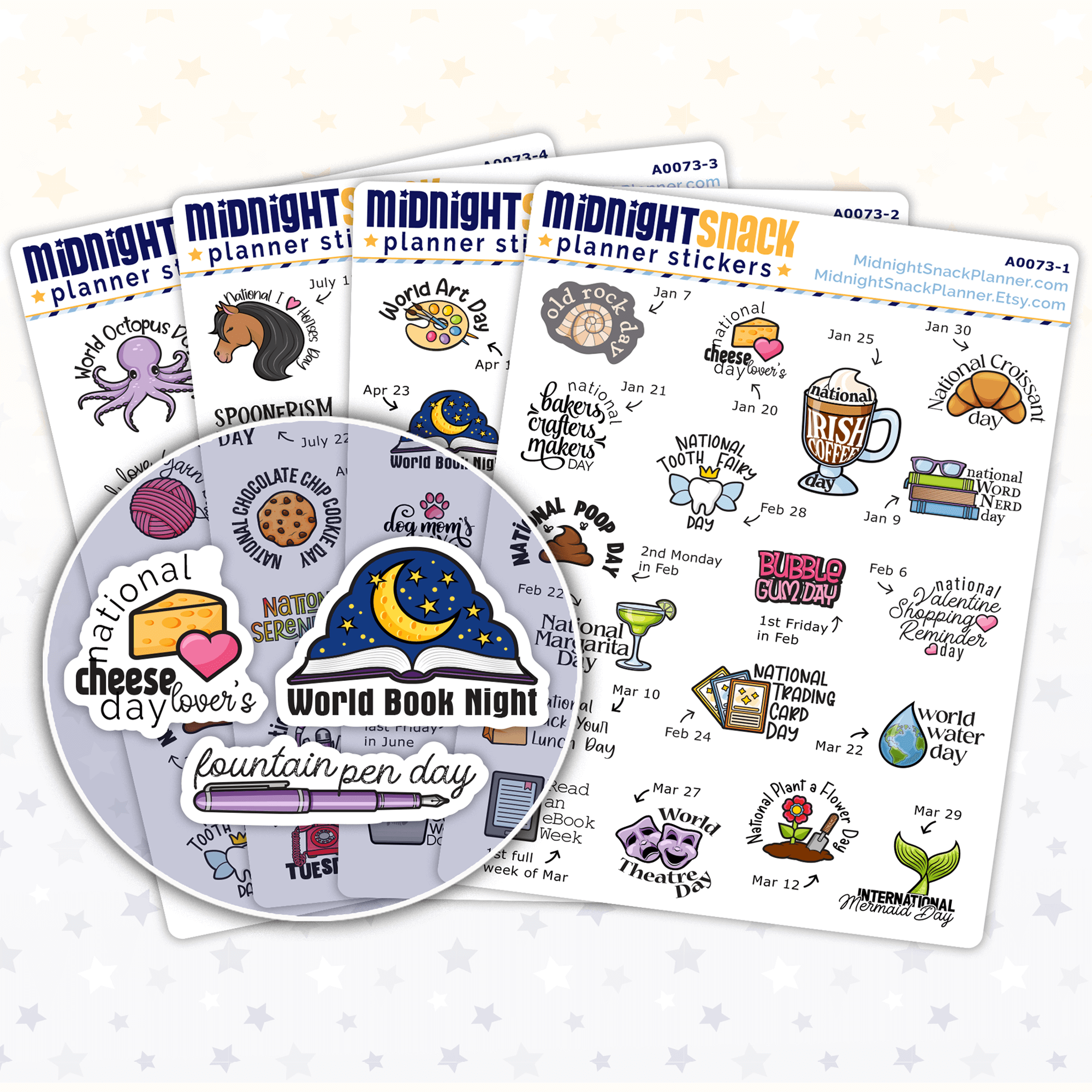Wacky Holiday planner stickers. All four sheets shown with a close up of 3 designs.