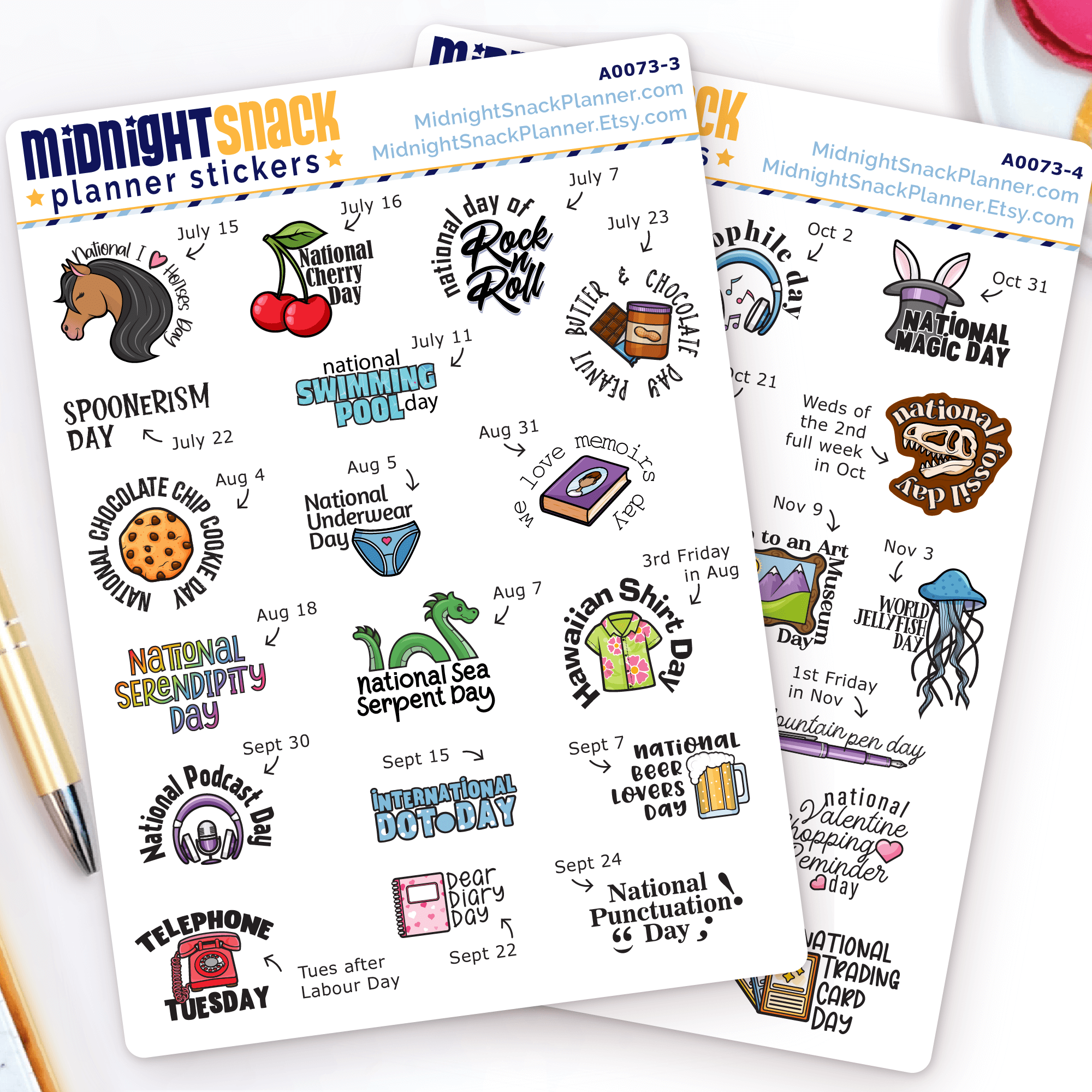 Wacky Holiday planner stickers. Two pages of stickers shown. 