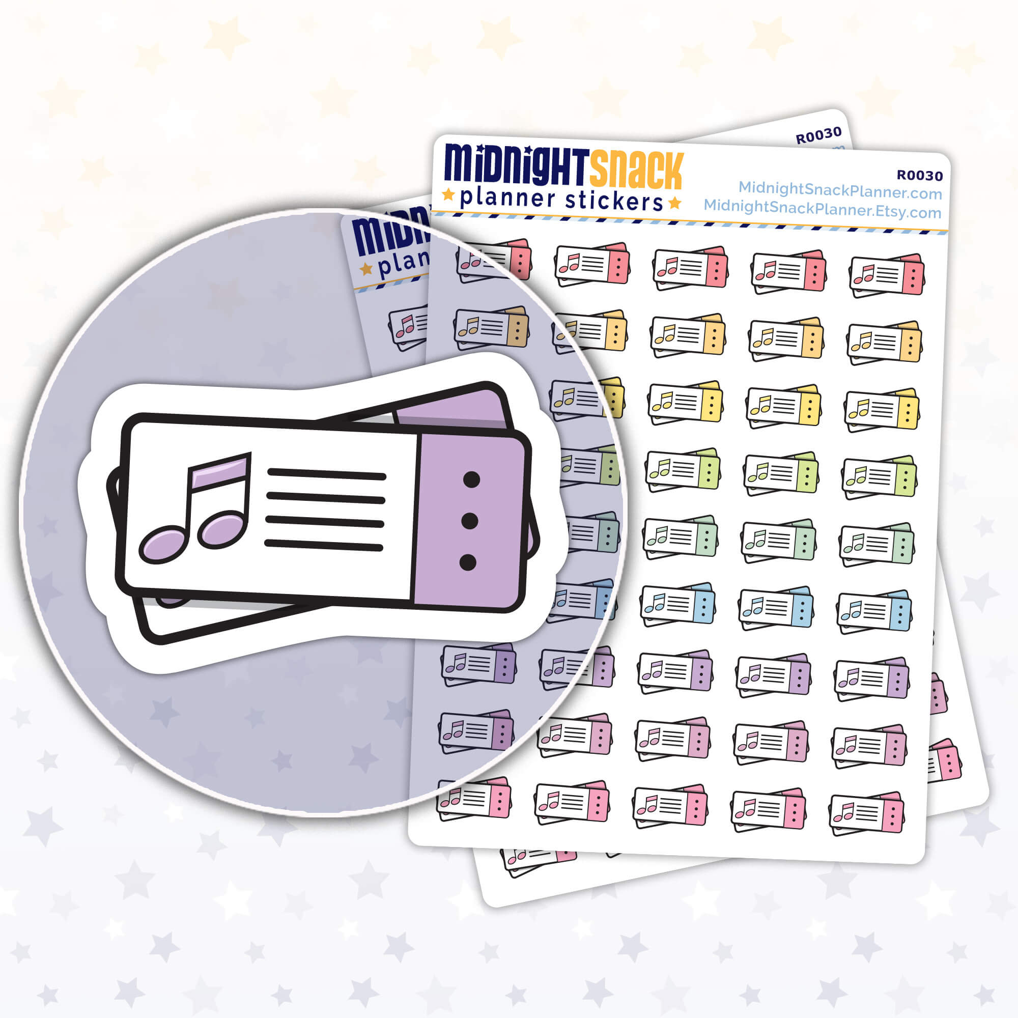 Concert tickets planner sticker. Shown in a close up the sticker and two sticker sheets. 
