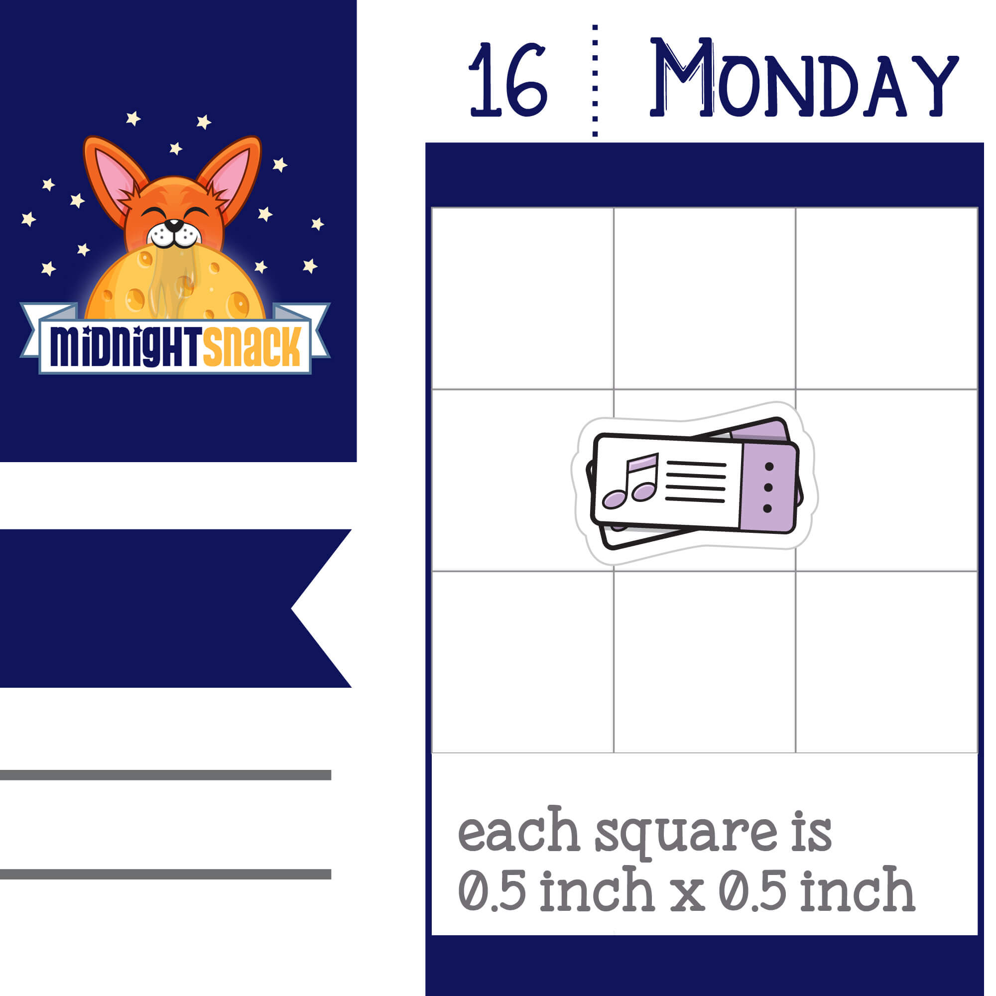 Concert ticket  planner sticker. Shown as it would look on a standard 1.5 inch box vertical planner page.
