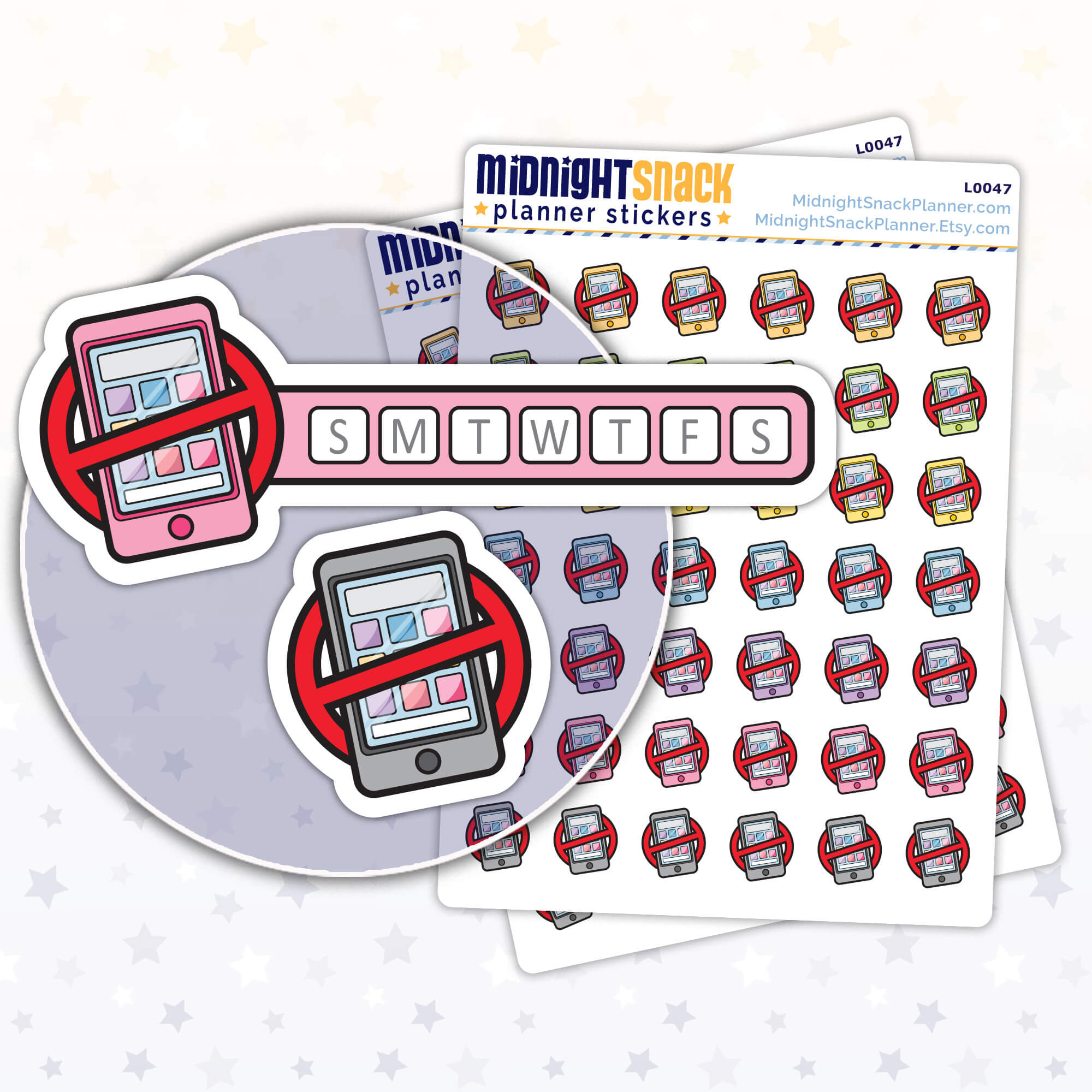 No cell phone, digital detox planner sticker. Shown in a close up of the two stickers and two sticker sheets.  One sticker in just the no symbol and a cell phone icon. The other has the same icon and a weekly check box. 
