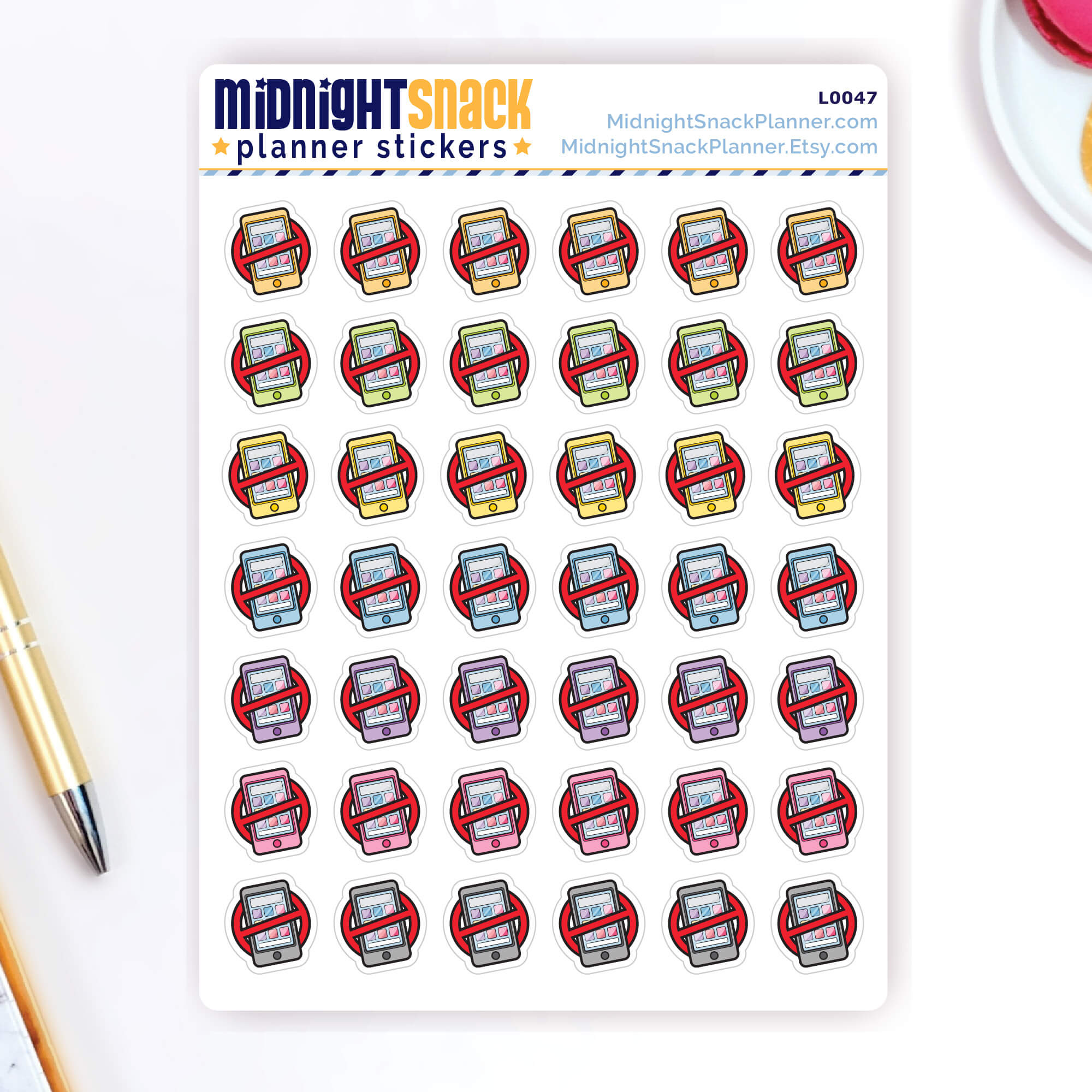 No social media, digital detox planner sticker.  Shown on the sticker sheet. 