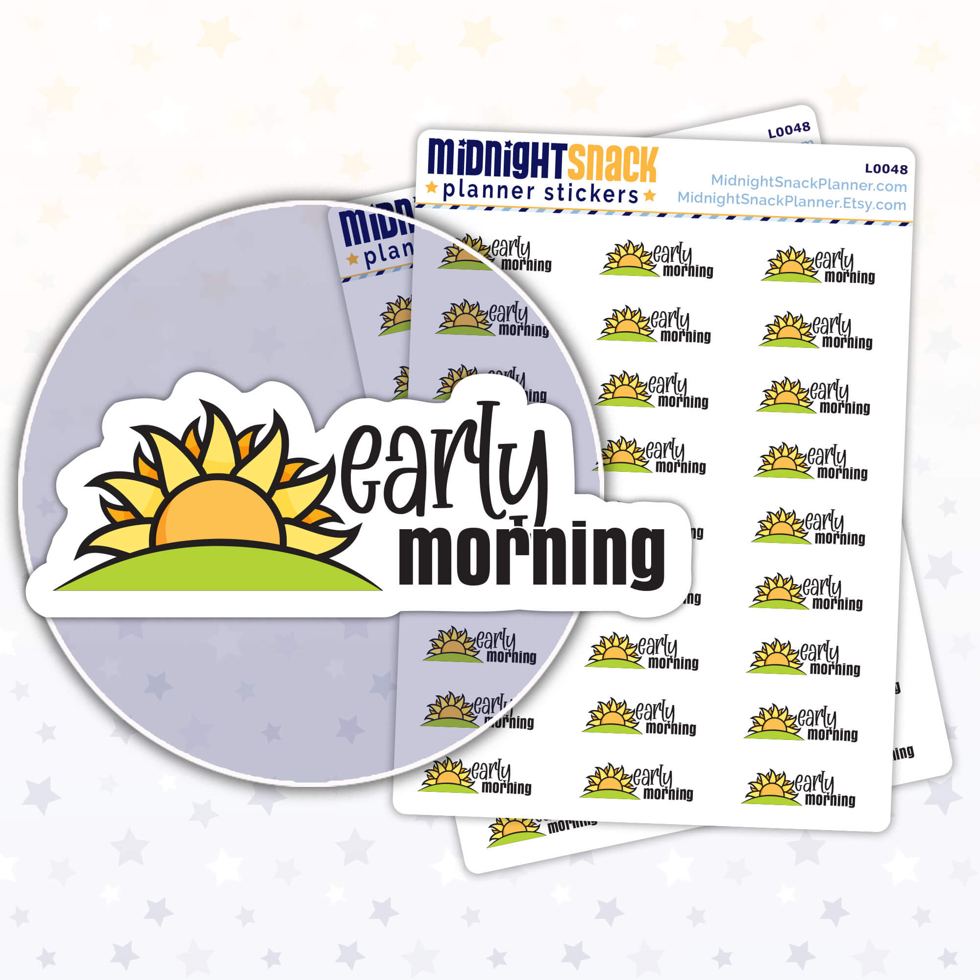 Early Morning planner sticker featuring a rising sun and the words "early morning.". Shown in a close up the sticker and two sticker sheets. 