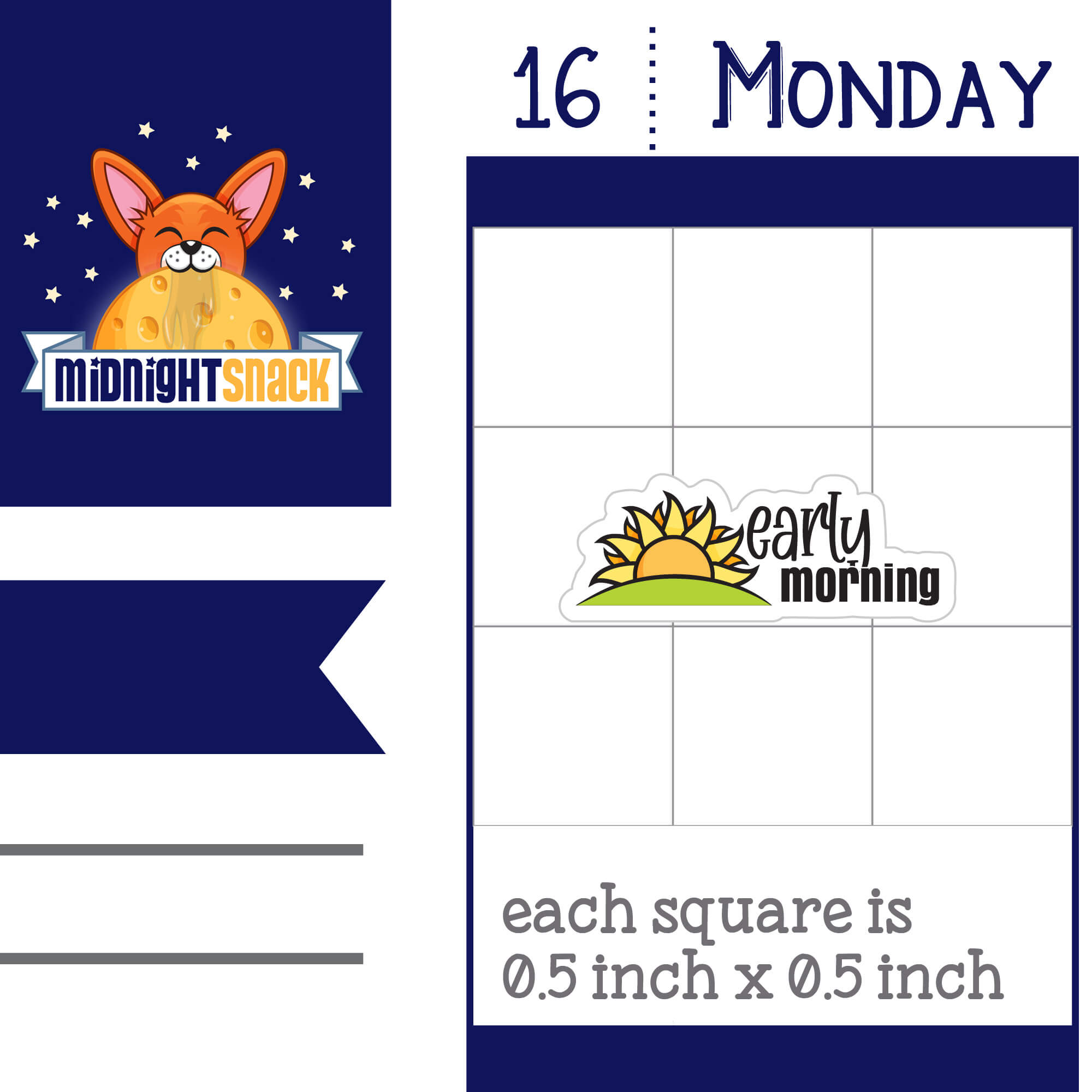 Early Morning planner sticker featuring a rising sun and the words "early morning." Shown as it would look on a standard 1.5 inch box vertical planner page.
