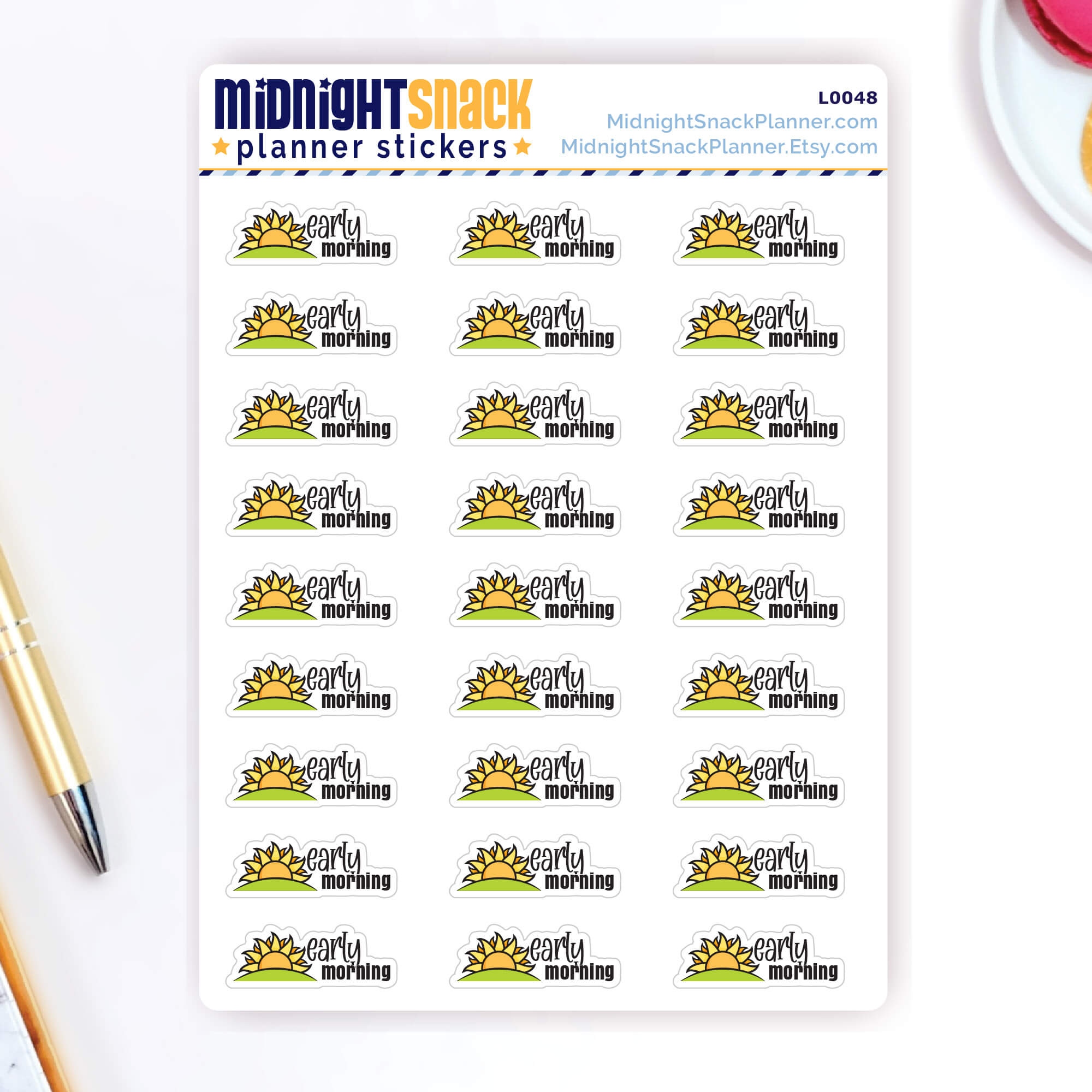 Early Morning planner sticker featuring a rising sun and the words "early morning."  Shown on the sticker sheet. 