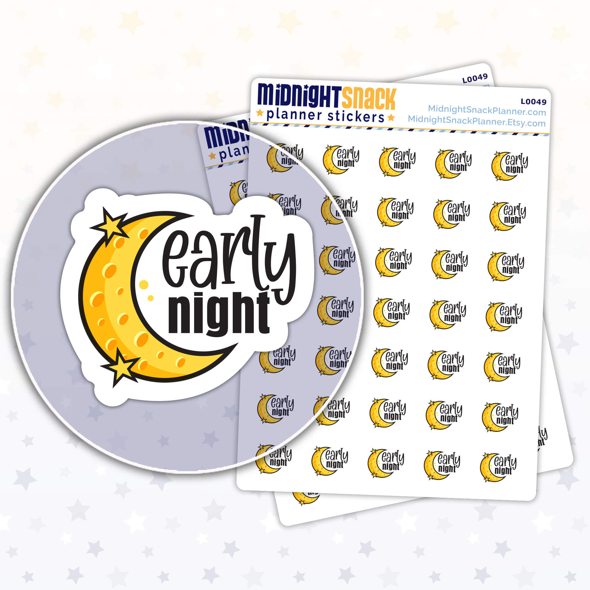 Early night planner sticker featuring a crescent moon and the words "early night."  Shown in a close up the sticker and two sticker sheets. 