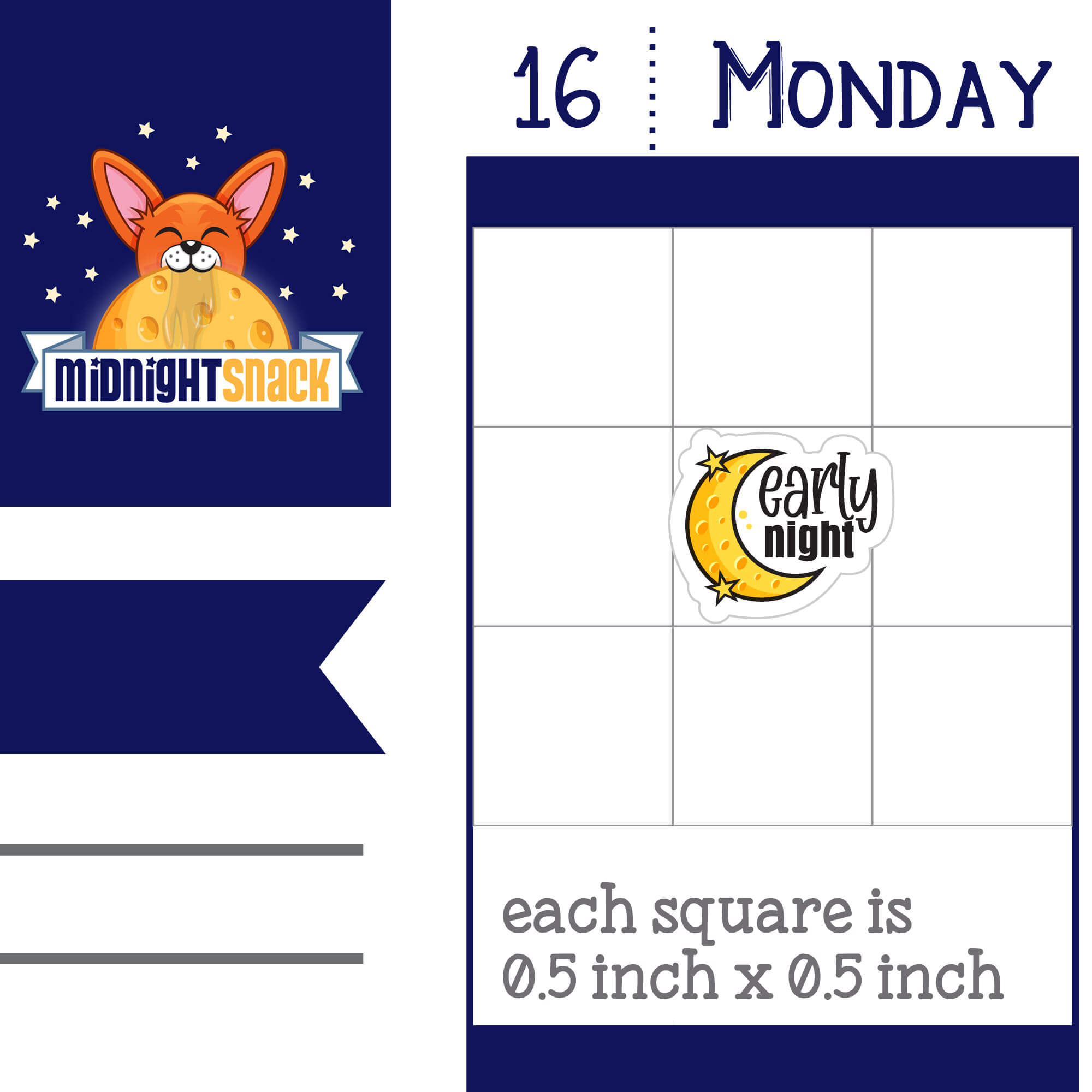 Early night planner sticker featuring a crescent moon and the words "early night."  Shown as it would look on a standard 1.5 inch box vertical planner page.