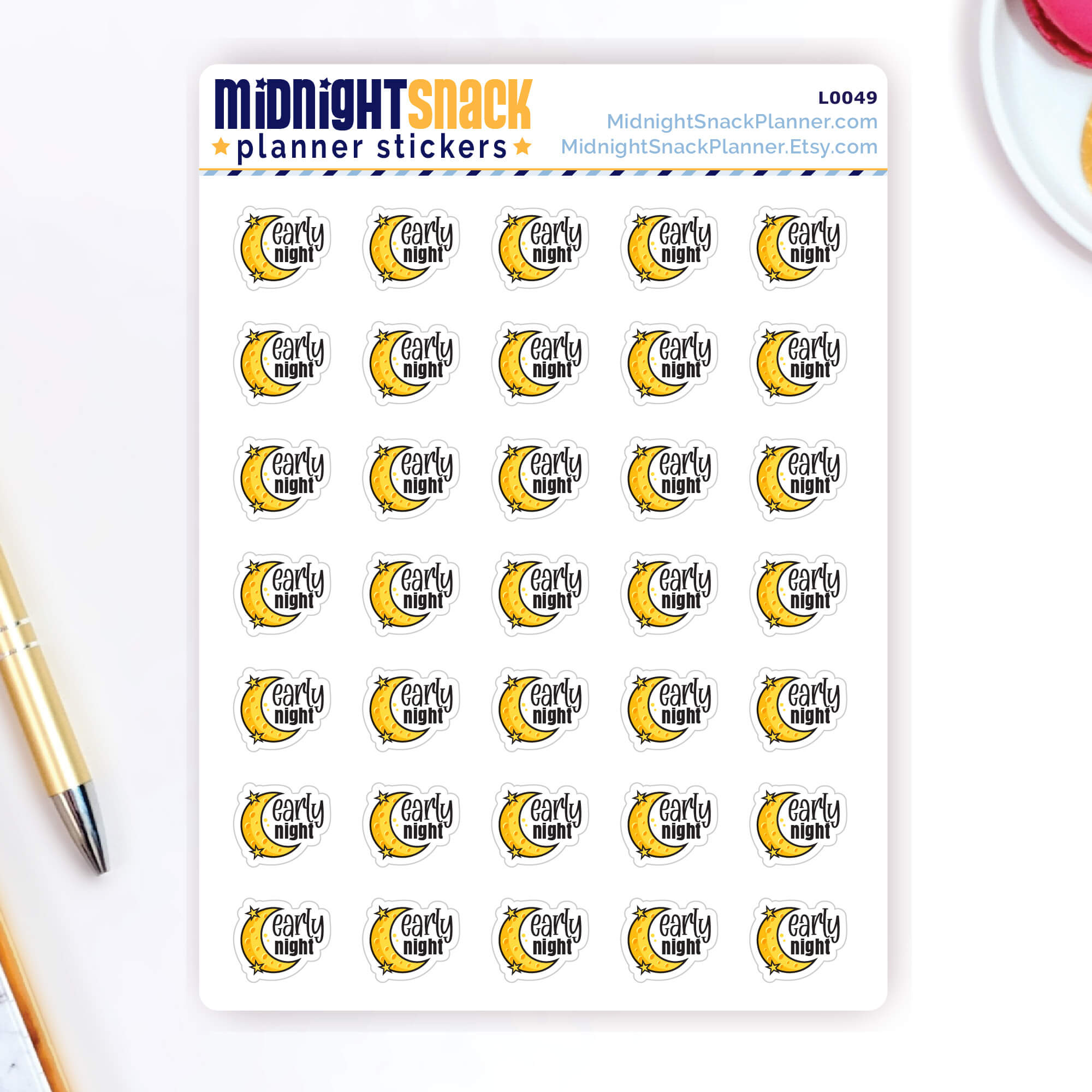 Early night planner sticker featuring a crescent moon and the words "early night."  Shown on the sticker sheet. 