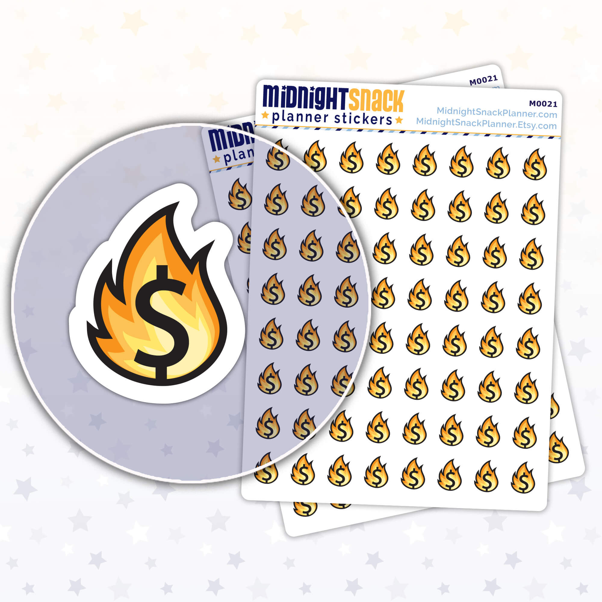 Emergency fund planner stickers featuring a small fire and a dollar symbol.  Shown in a close up the sticker and two sticker sheets. 