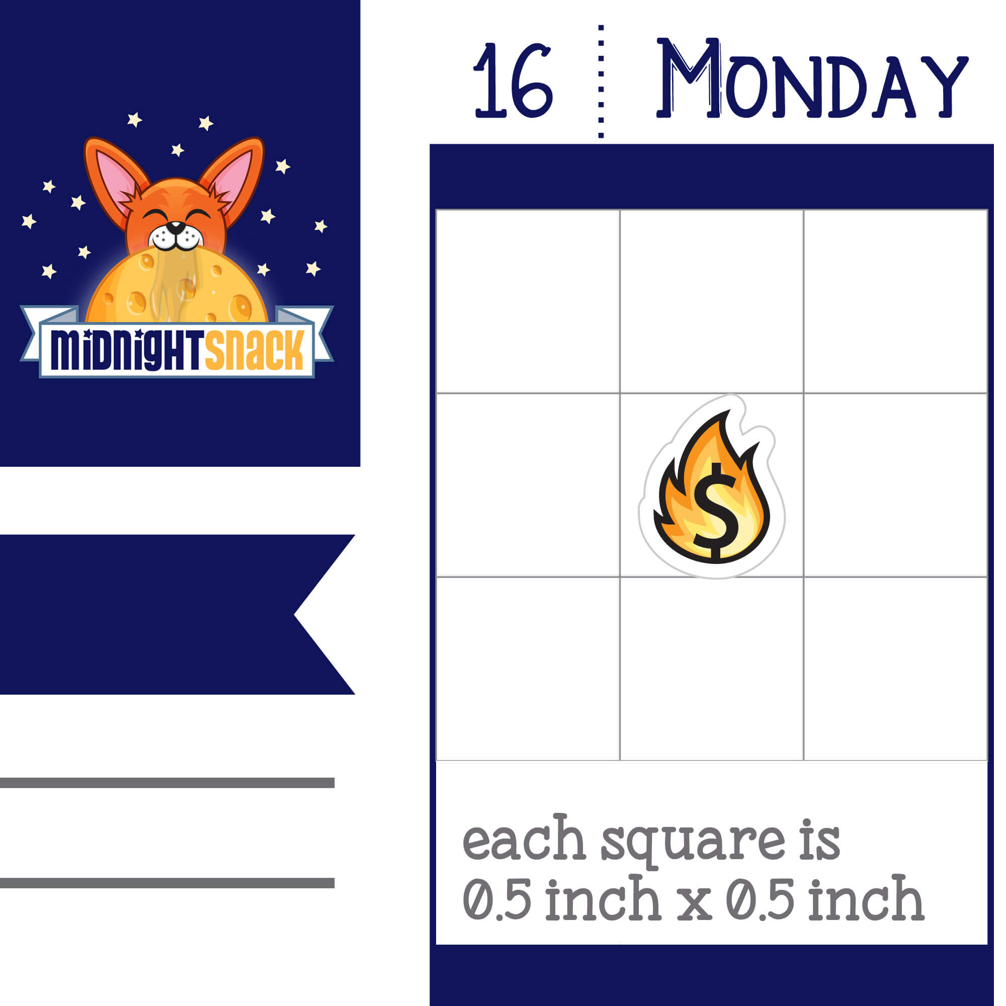 Emergency fund planner stickers featuring a small fire and a dollar symbol.  Shown as it would look on a standard 1.5 inch box vertical planner page.