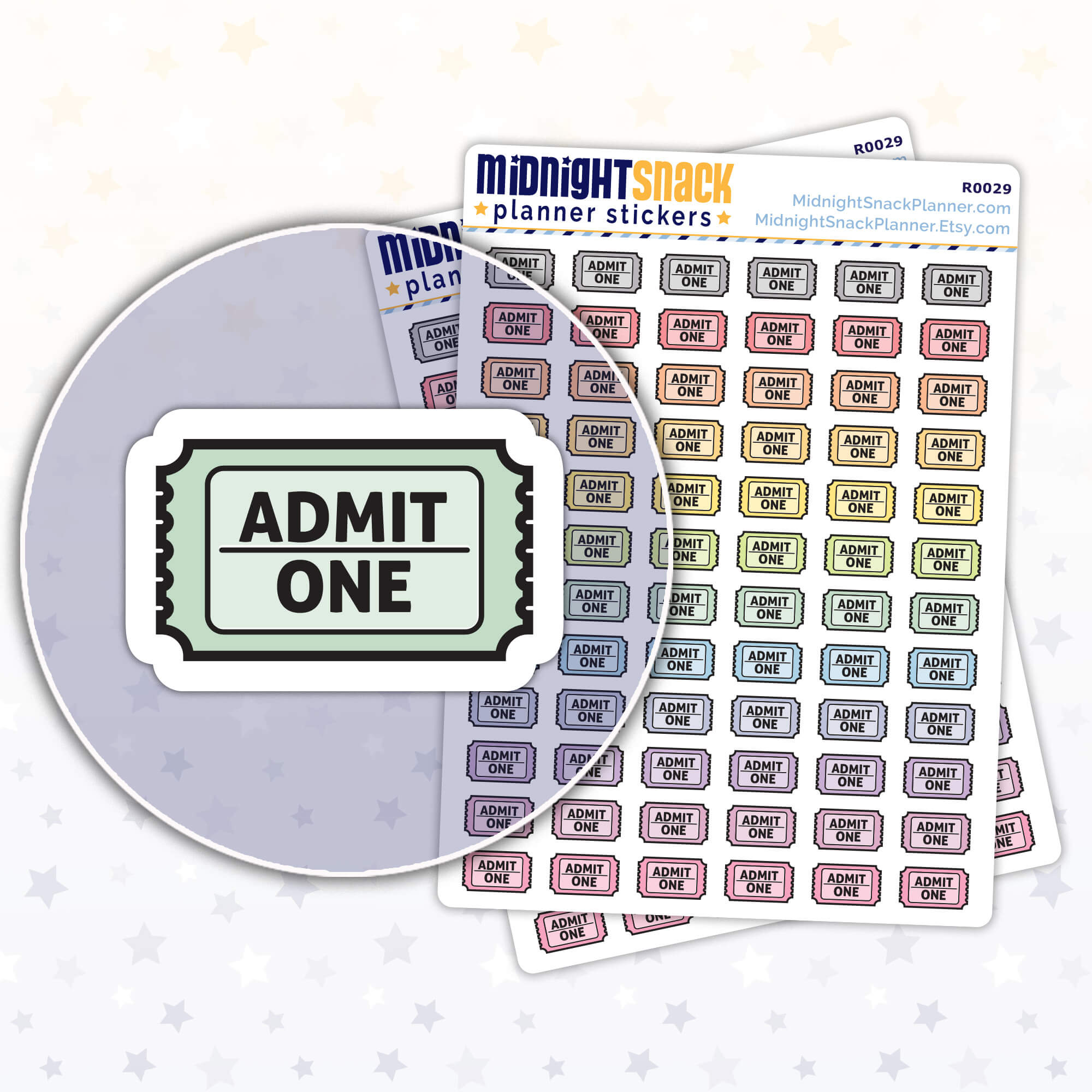 Hand-drawn event ticket planner stickers that says “admit one.” Shown in a close up the sticker and two sticker sheets. 
