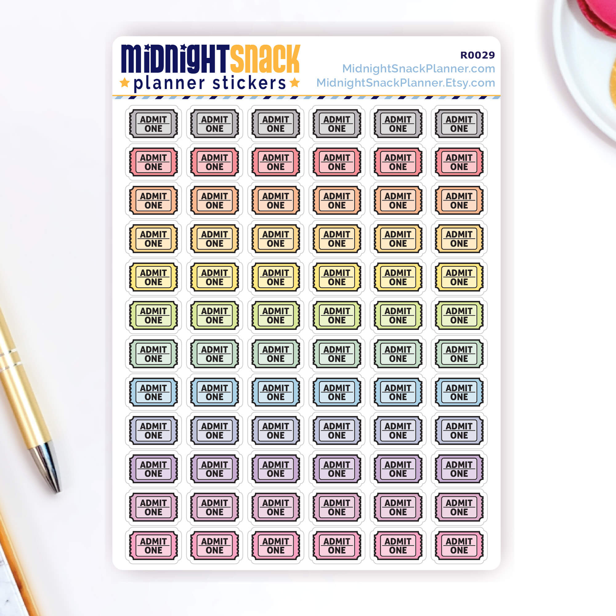 Hand-drawn event ticket planner stickers that says “admit one.”  Shown on the sticker sheet. 