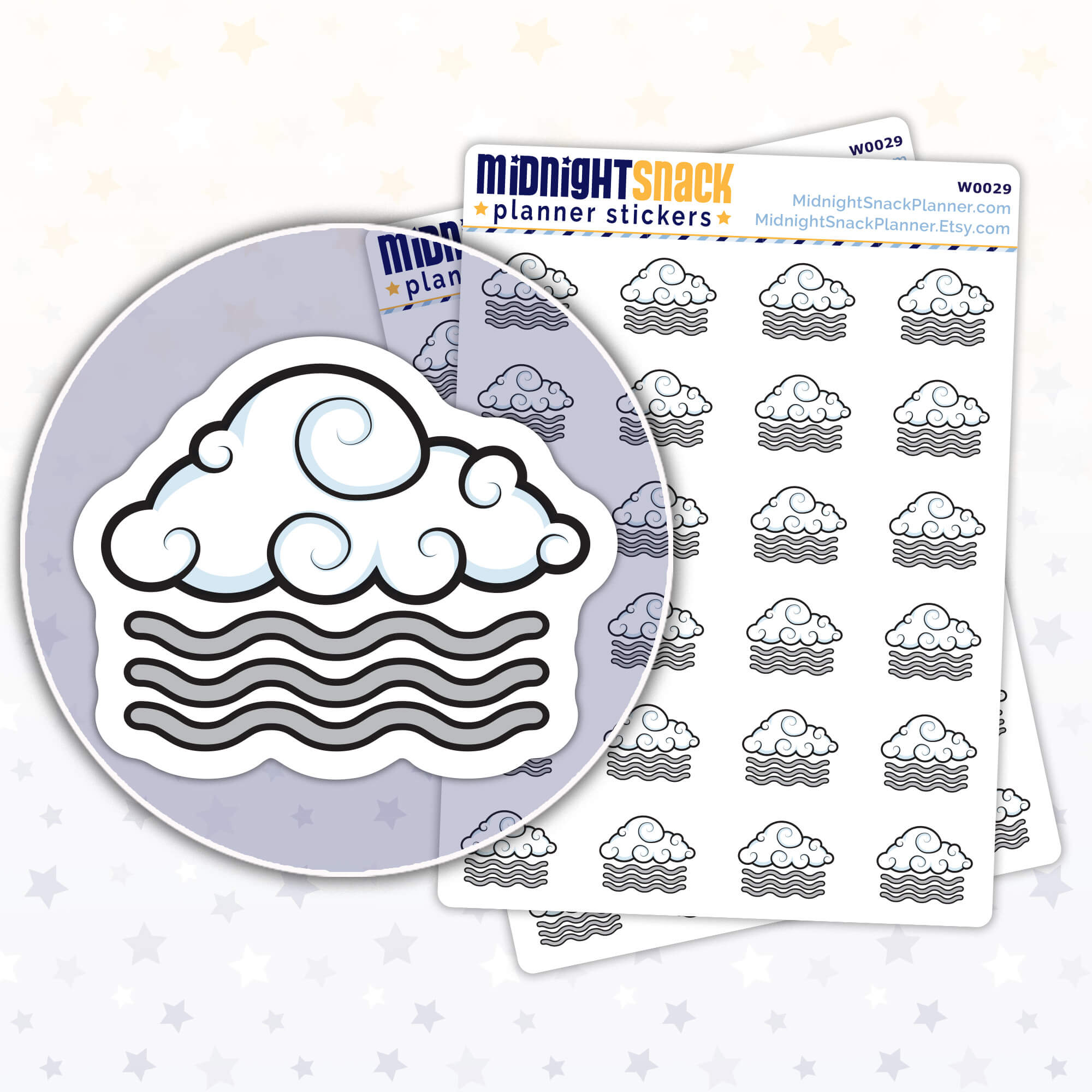 Fog icon planner stickers, large size, Shown in a close up the sticker and two sticker sheets. 
