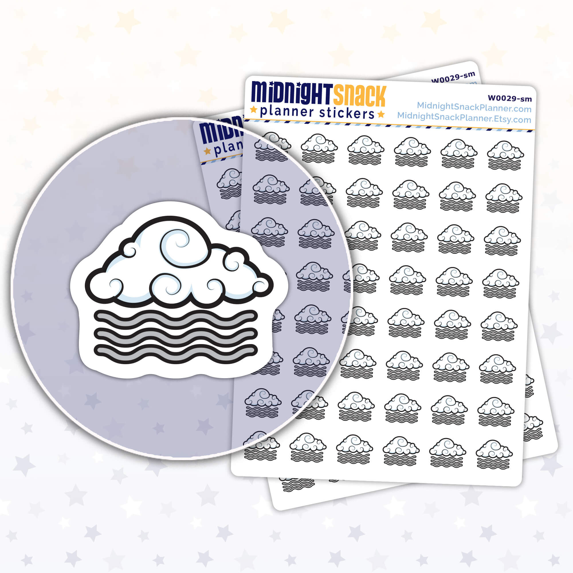 Fog icon planner stickers, small size,  Shown in a close up the sticker and two sticker sheets. 