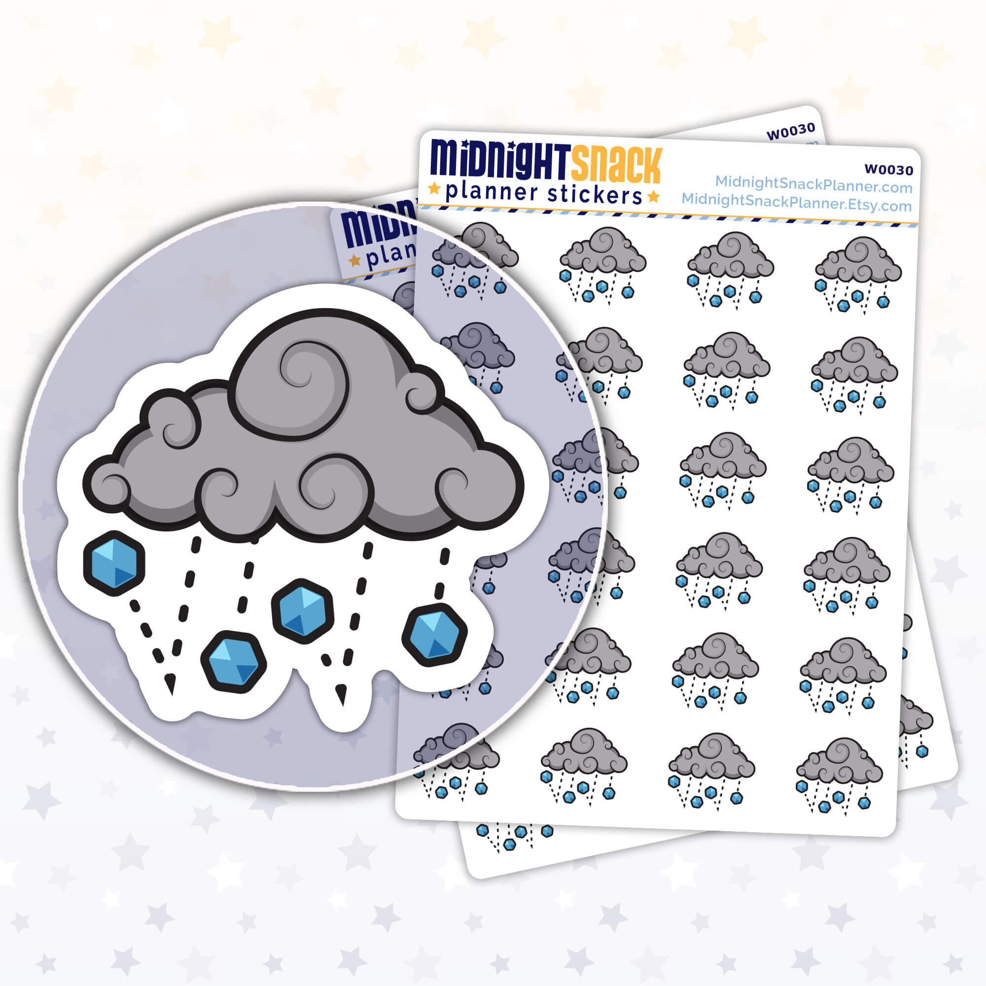 Hail planner stickers, large size, Shown in a close up the sticker and two sticker sheets. 