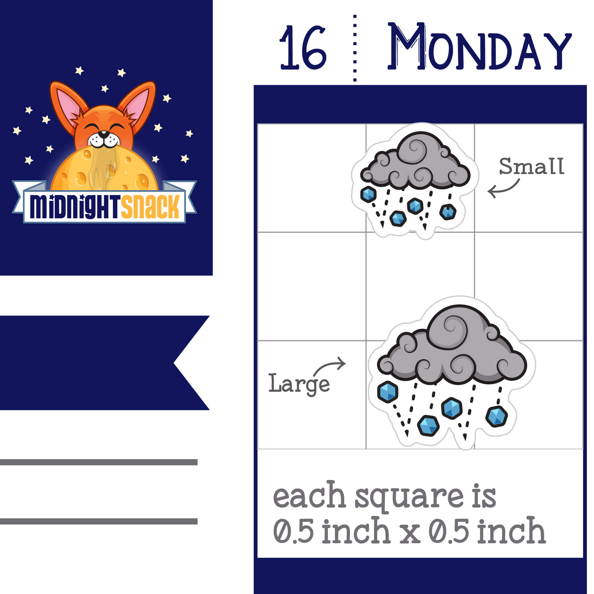 Hail planner stickers, in both small and large size, shown as they would look on a standard 1.5 inch box vertical planner page.