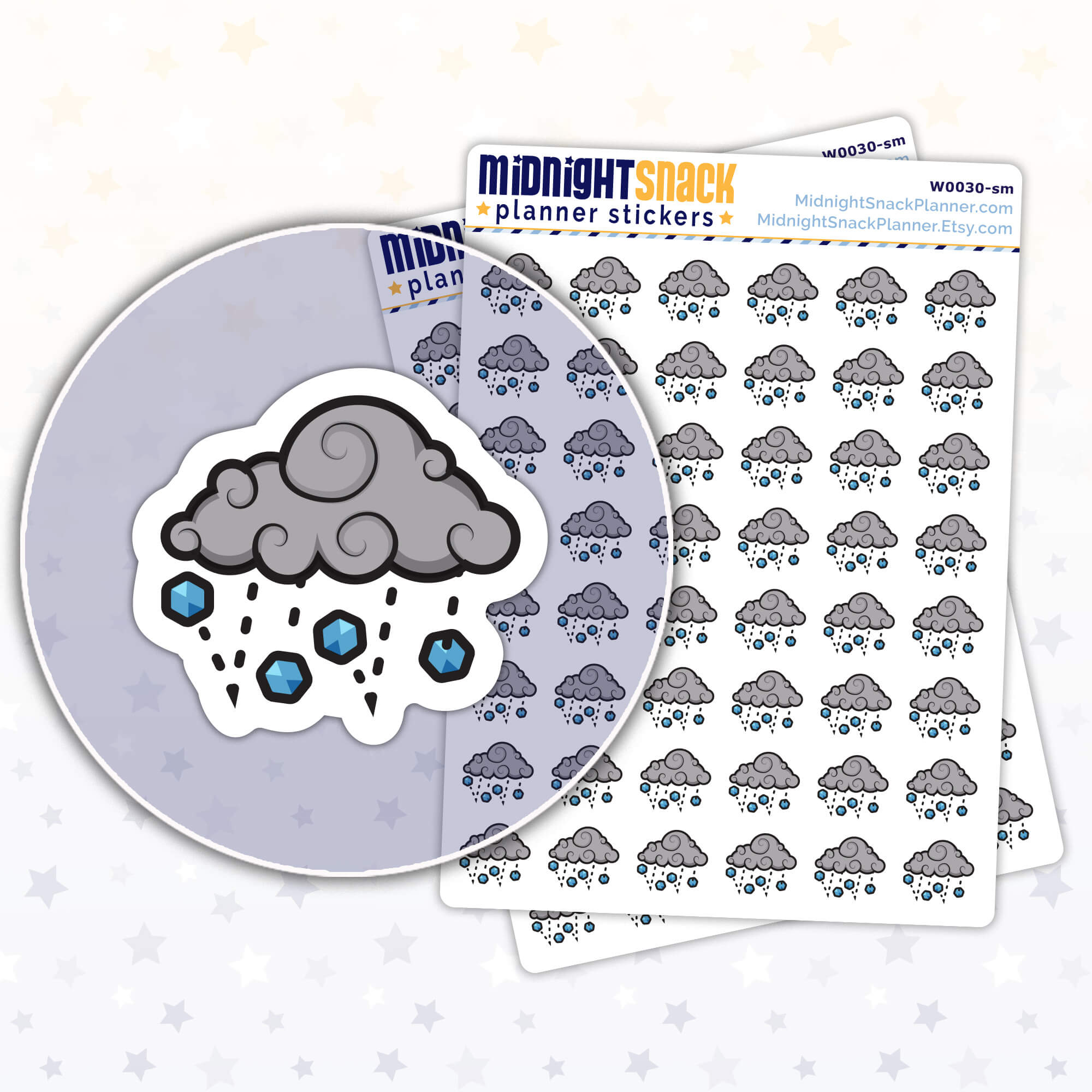 Hail planner stickers, small size, Shown in a close up the sticker and two sticker sheets. 