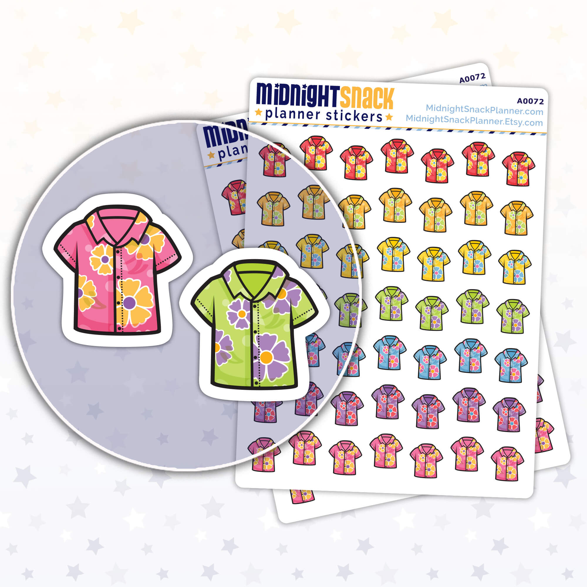 Hawaiian shirt icon planner stickers featuring tropical clothes. Shown in a close up the sticker and two sticker sheets. 