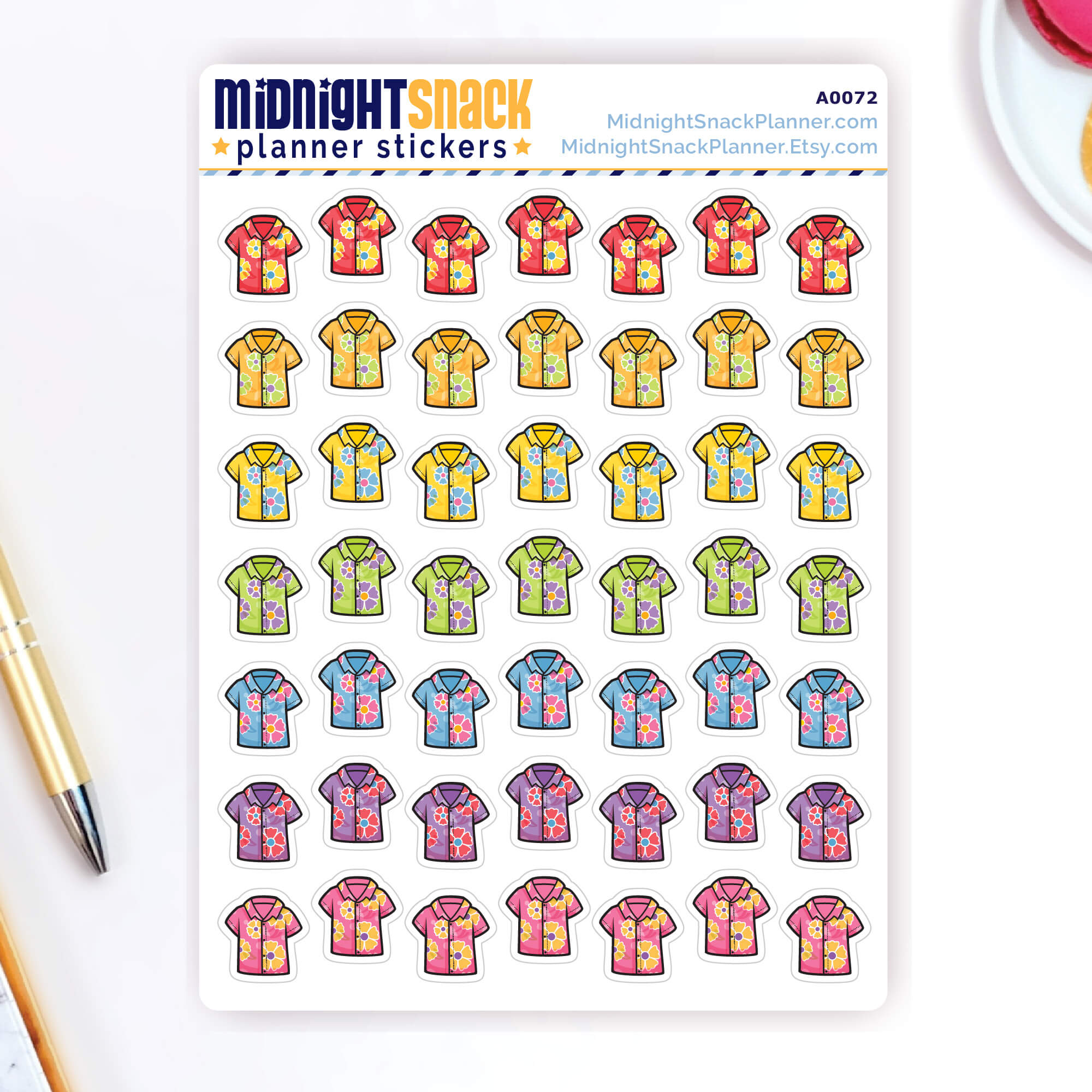Hawaiian shirt icon planner stickers featuring tropical clothes. Shown on the sticker sheet. 