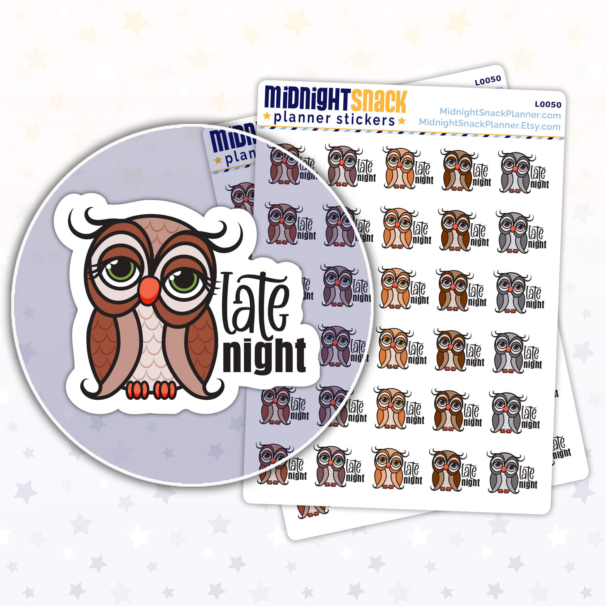 Night Owl planner stickers featuring a sleepy owl and the words "late night."  Shown in a close up the sticker and two sticker sheets. 