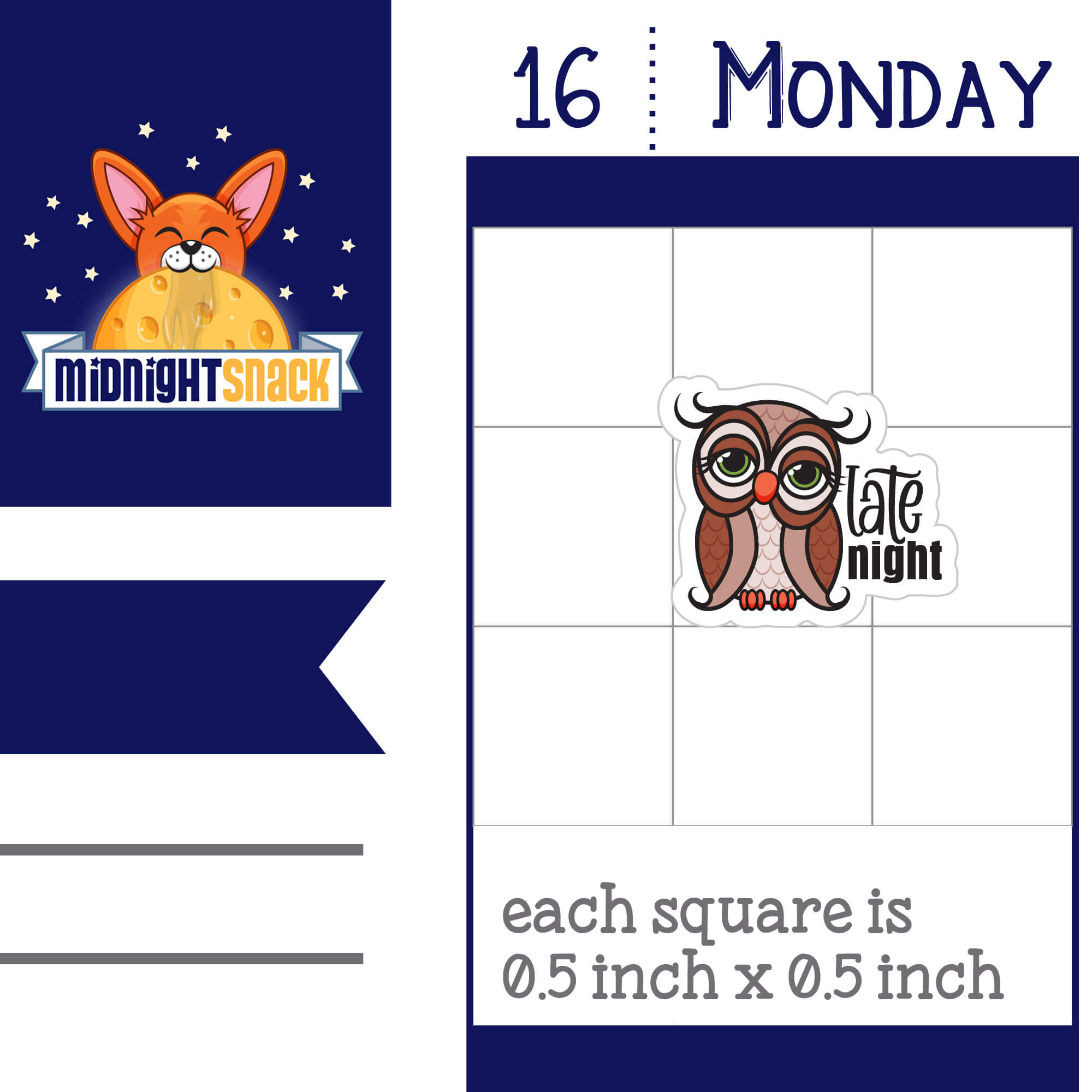 Night Owl planner stickers featuring a sleepy owl and the words "late night." Shown as it would look on a standard 1.5 inch box vertical planner page.