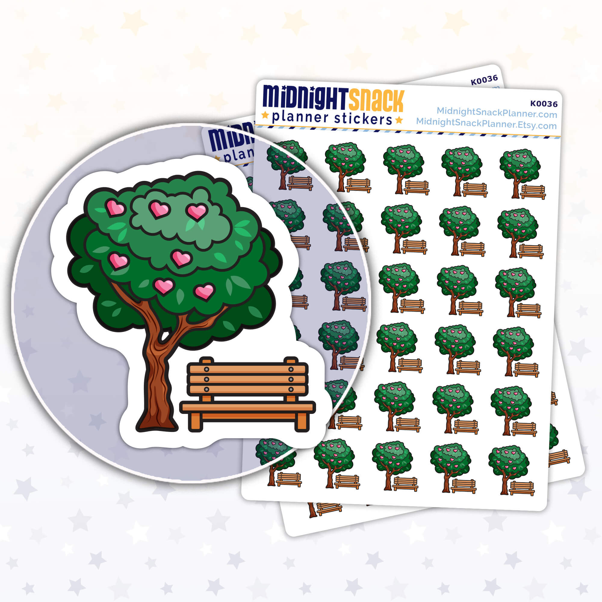 Go outside icon planner stickers featuring a park bench and tree with hearts.  Shown in a close up the sticker and two sticker sheets. 