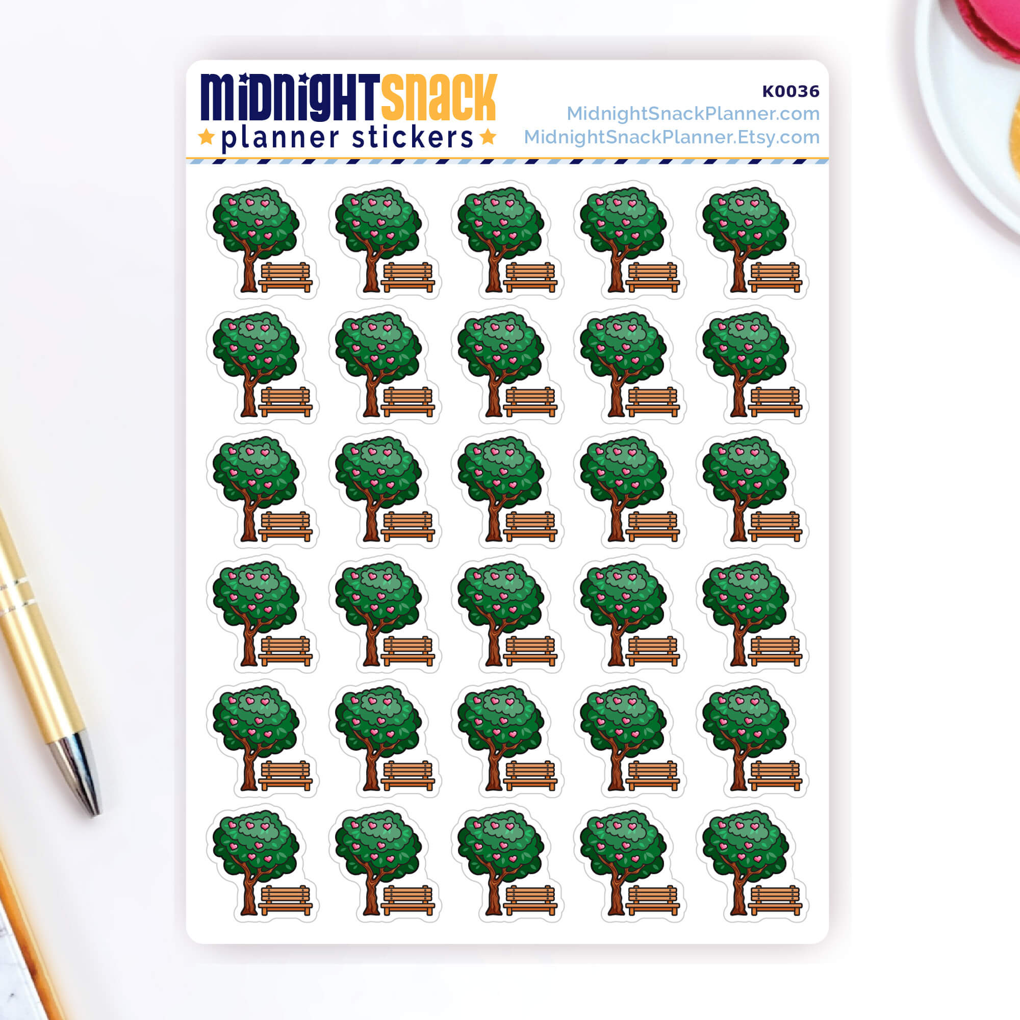 Go outside icon planner stickers featuring a park bench and tree with hearts. Shown on the sticker sheet.
