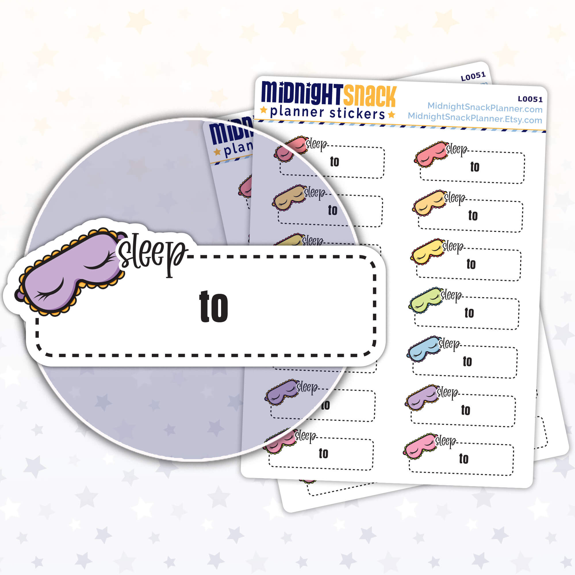 Sleep tracker planner stickers featuring a box to write in and a sleep mask. Shown in a close up the sticker and two sticker sheets. 