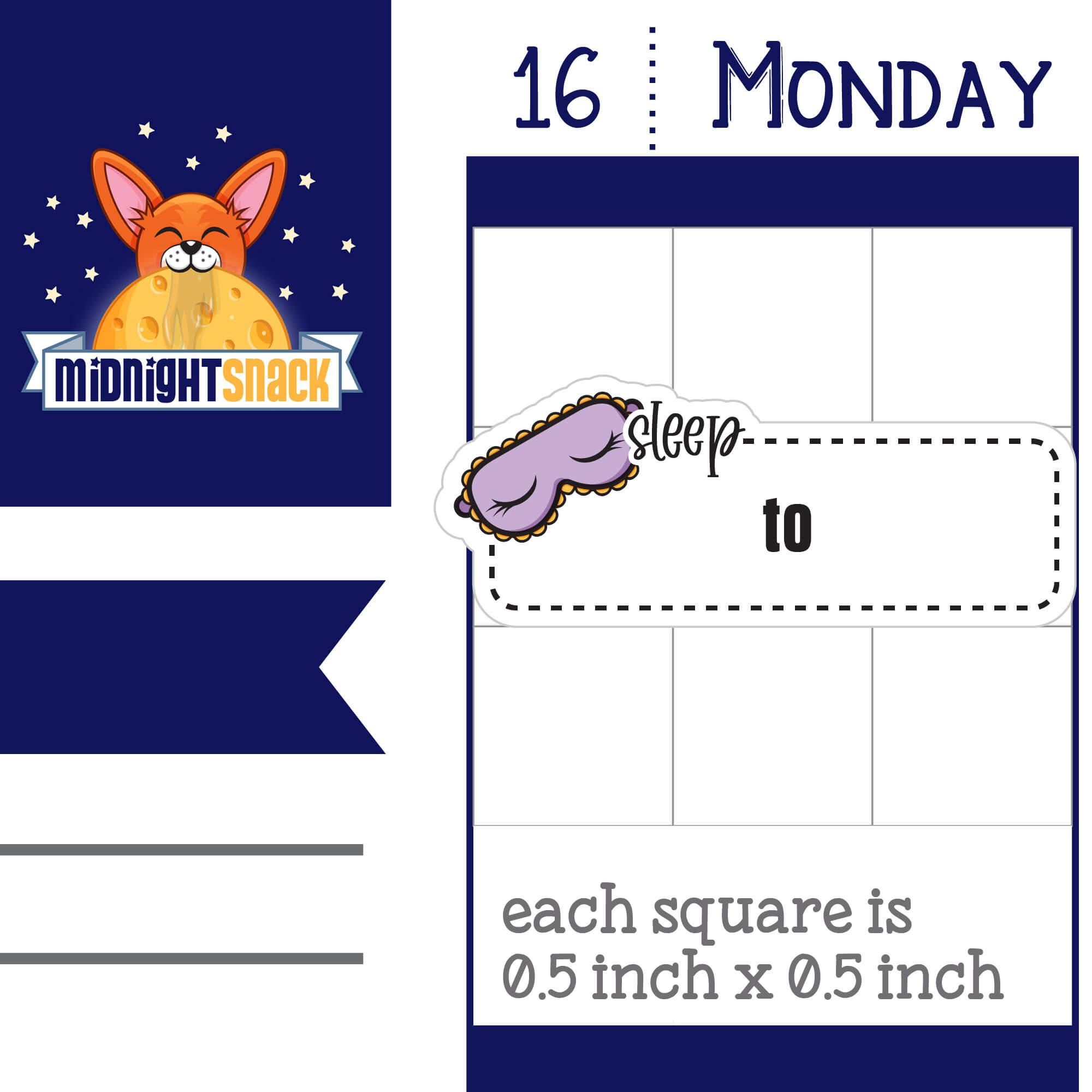 Sleep tracker planner stickers featuring a box to write in and a sleep mask. Shown as it would look on a standard 1.5 inch box vertical planner page.