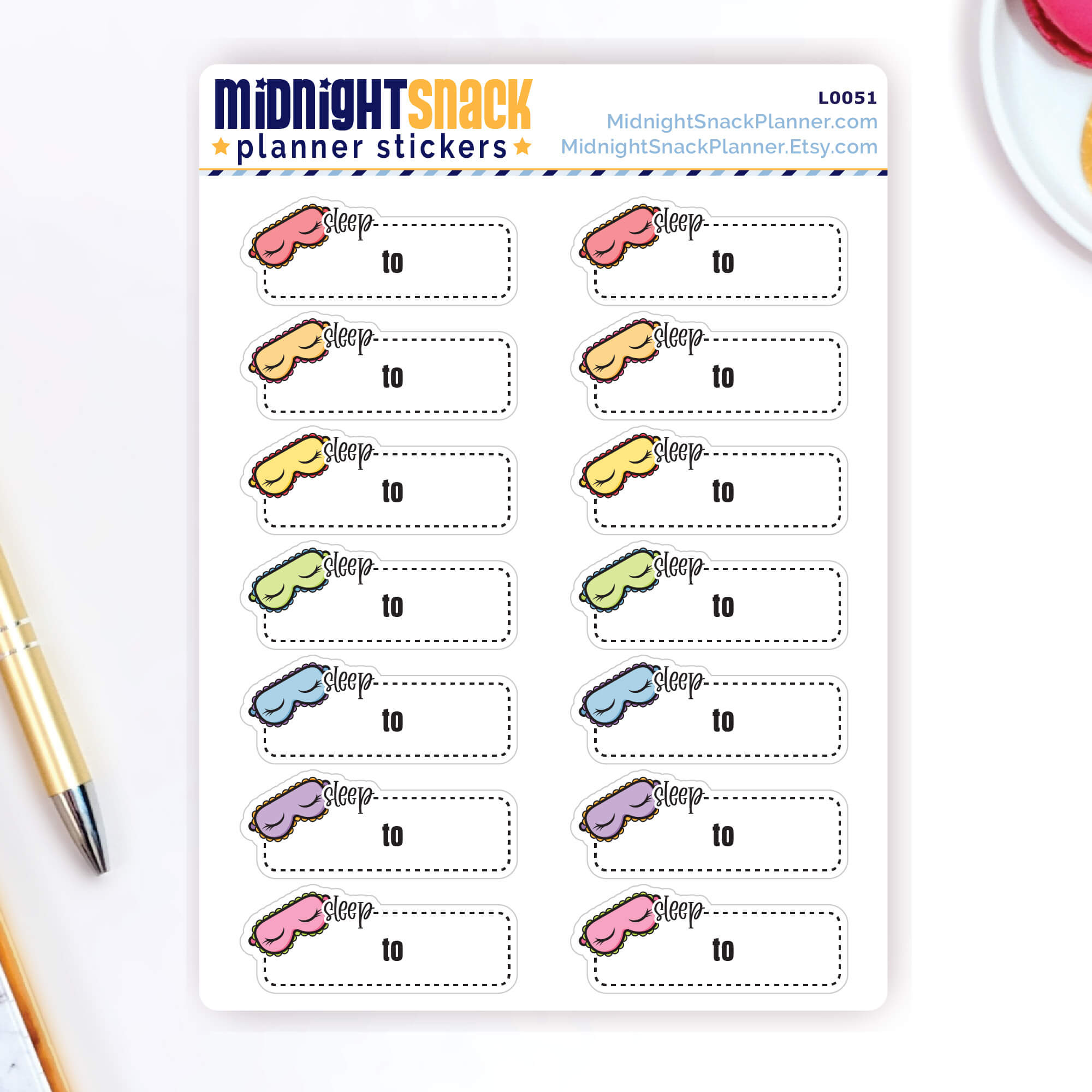 Sleep tracker planner stickers featuring a box to write in and a sleep mask.  Shown on the sticker sheet.