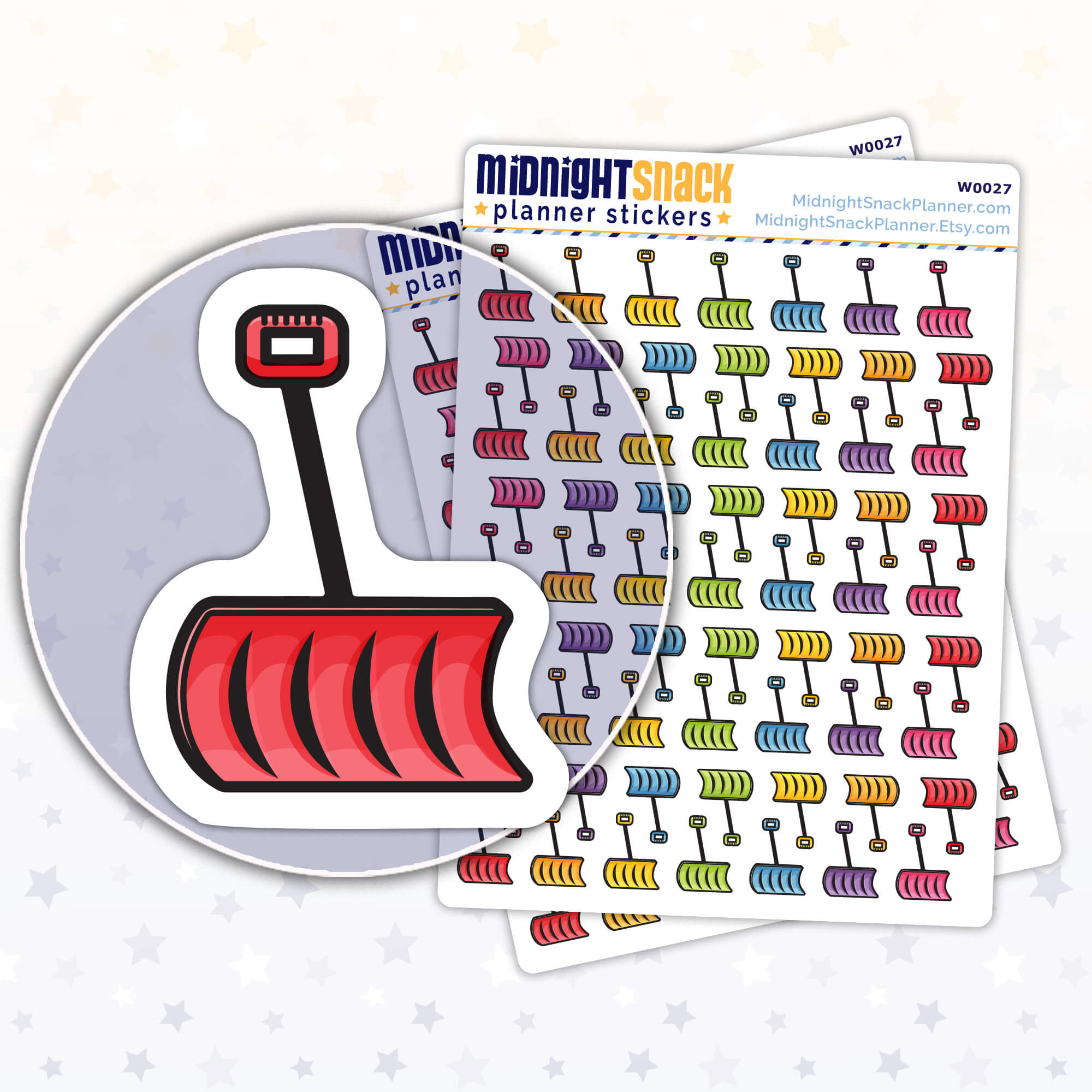 Snow removal planner stickers featuring a snow shovel. Shown in a close up the sticker and two sticker sheets. 