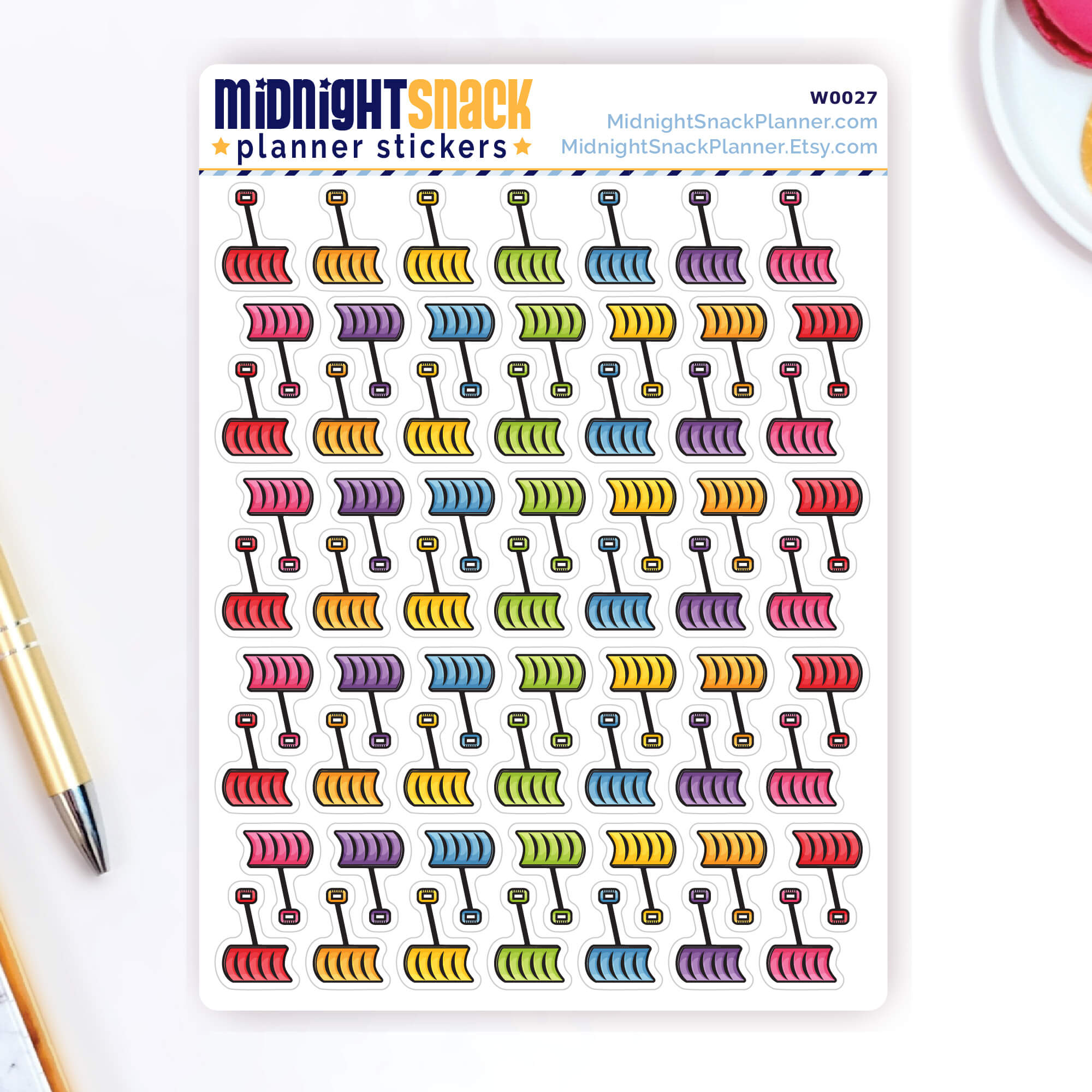Snow removal planner stickers featuring a snow shovel. Shown on the sticker sheet. 