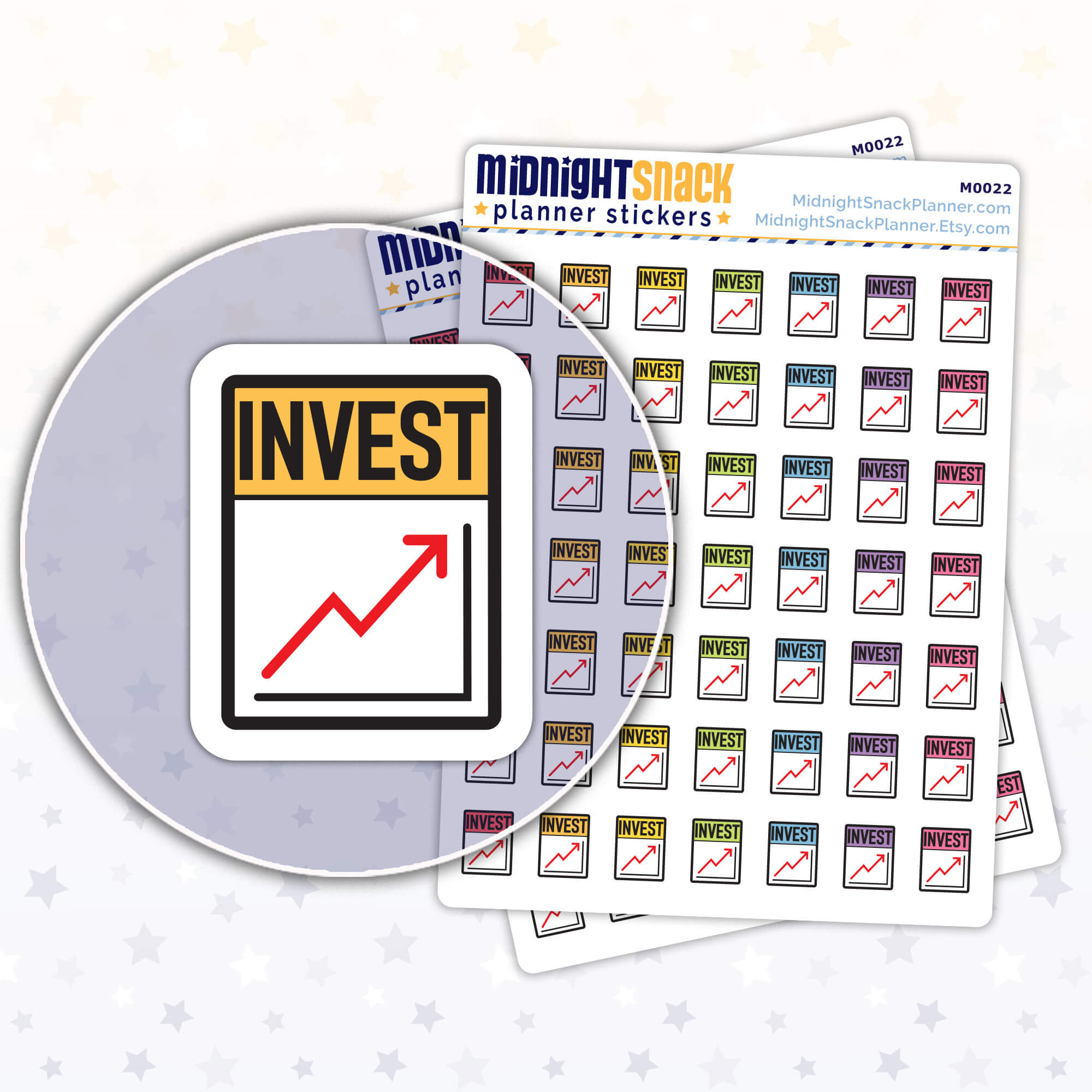 Invest stock market planner stickers featuring a small upward trending graph. Shown in a close up the sticker and two sticker sheets. 