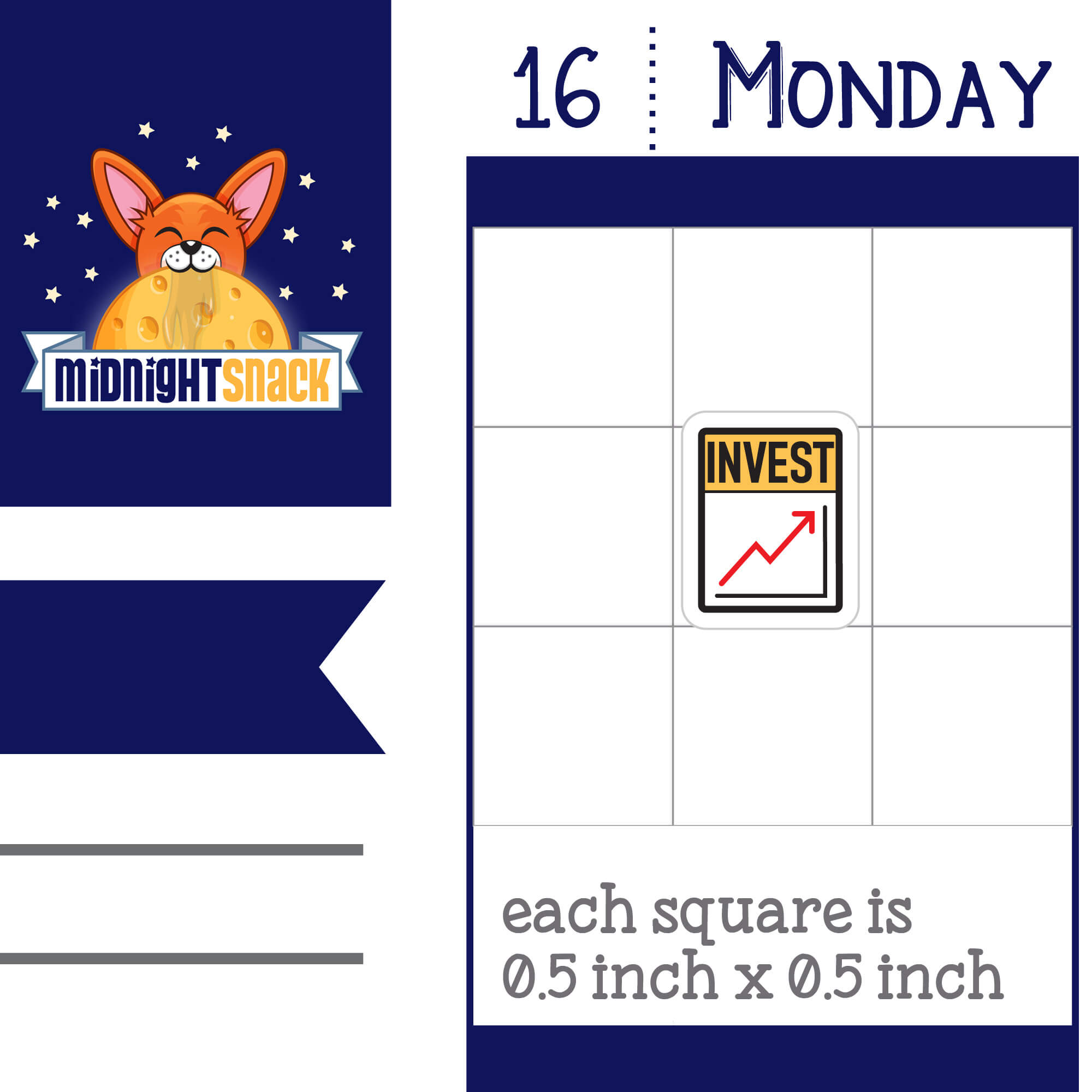 Invest stock market planner stickers featuring a small upward trending graph. Shown as it would look on a standard 1.5 inch box vertical planner page.