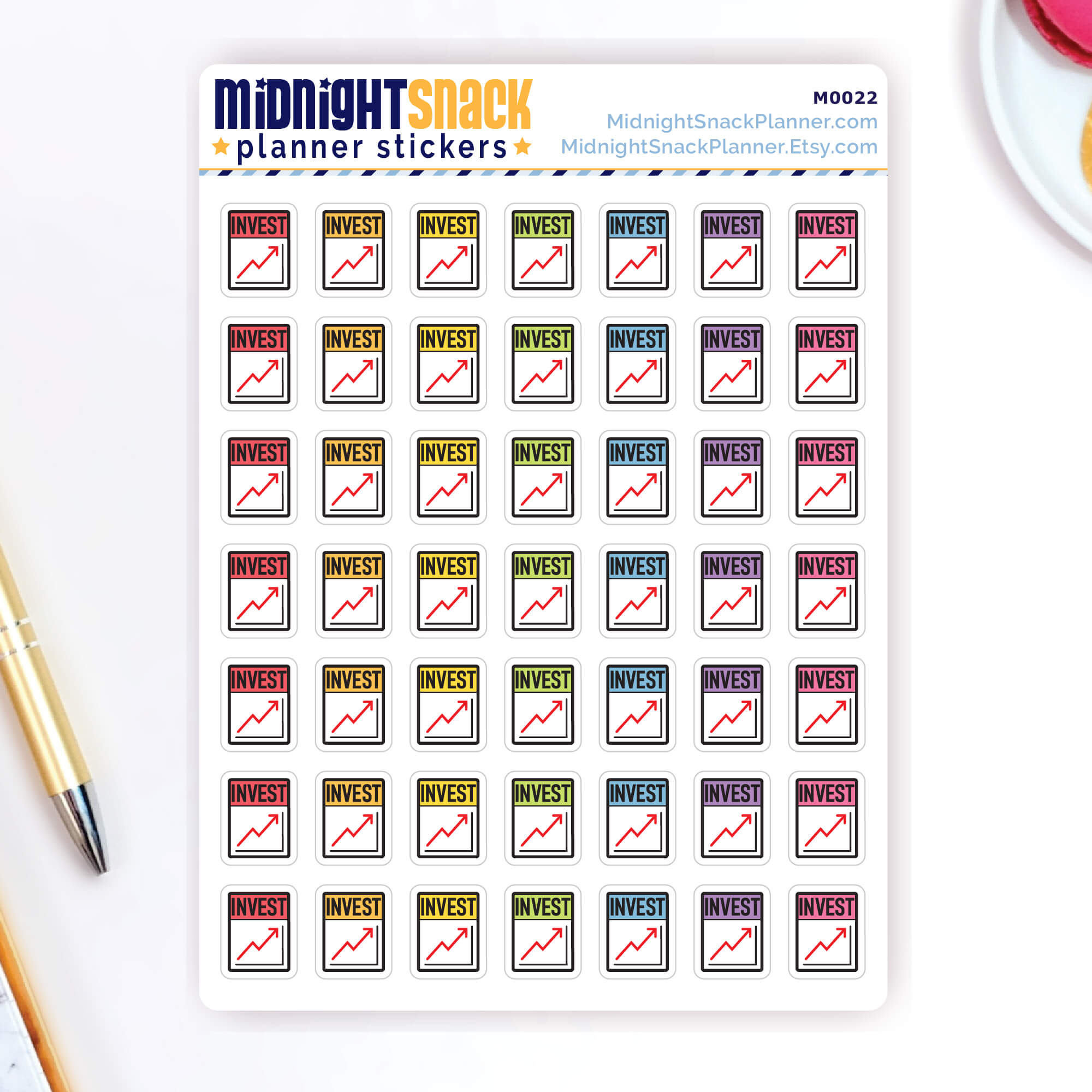 Invest stock market planner stickers featuring a small upward trending graph. Shown on the sticker sheet.