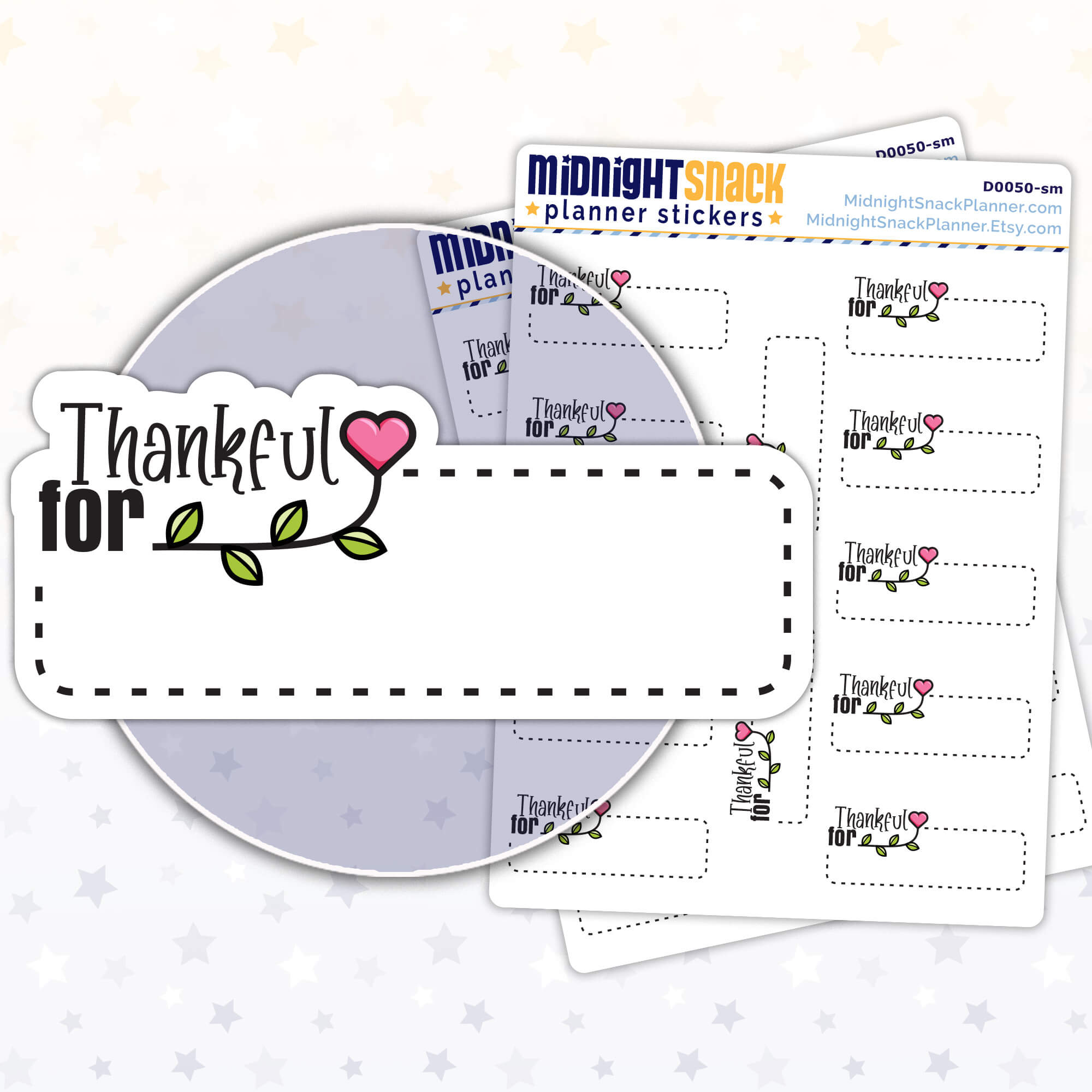 Thankful for gratitude planner stickers featuring a box to write in, a heart-shaped flower, and the words “thankful for.”  Shown in a close up the sticker and two sticker sheets. 
