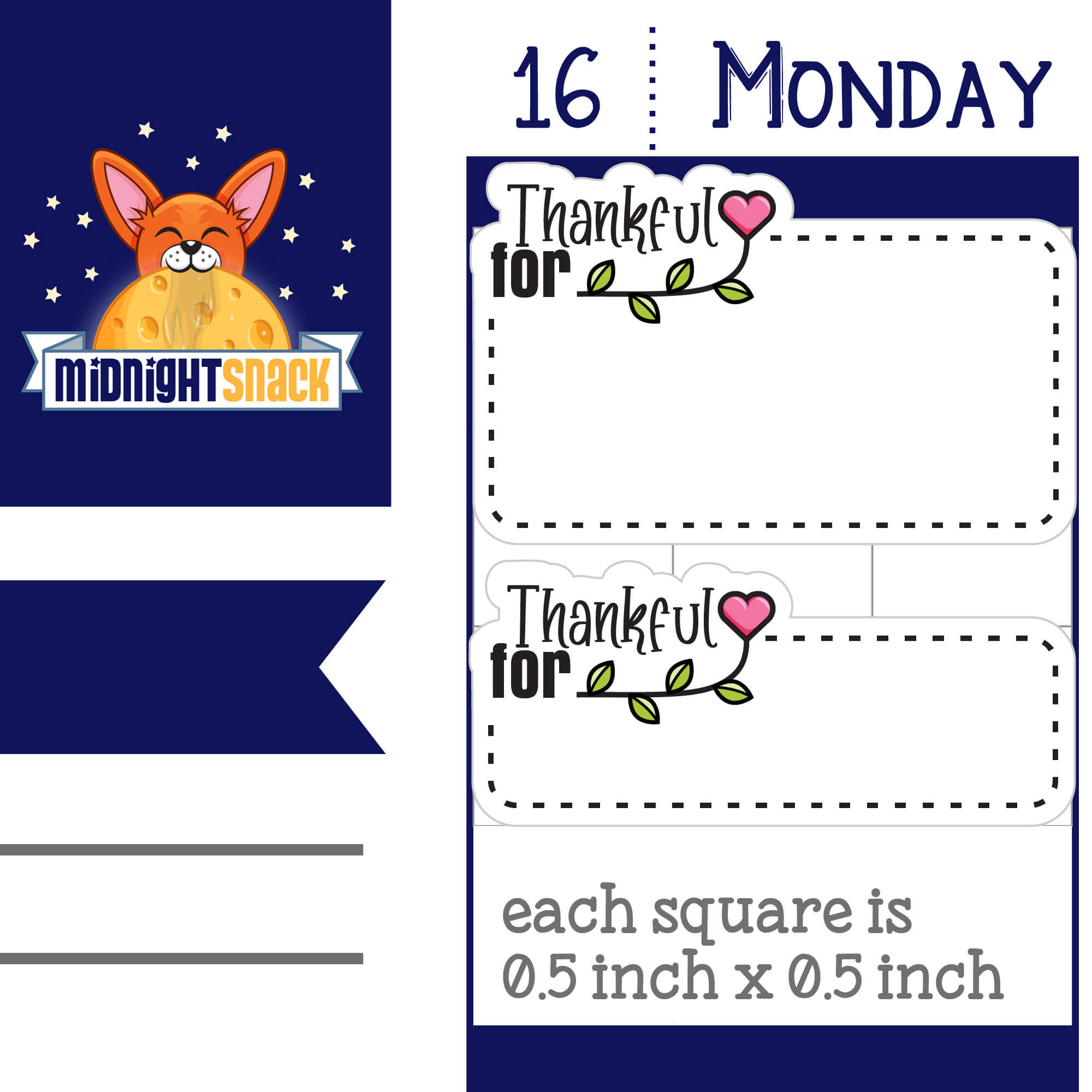 Thankful for gratitude planner stickers featuring a box to write in, a heart-shaped flower, and the words “thankful for.”  Shown as they  would look on a standard 1.5 inch box vertical planner page.