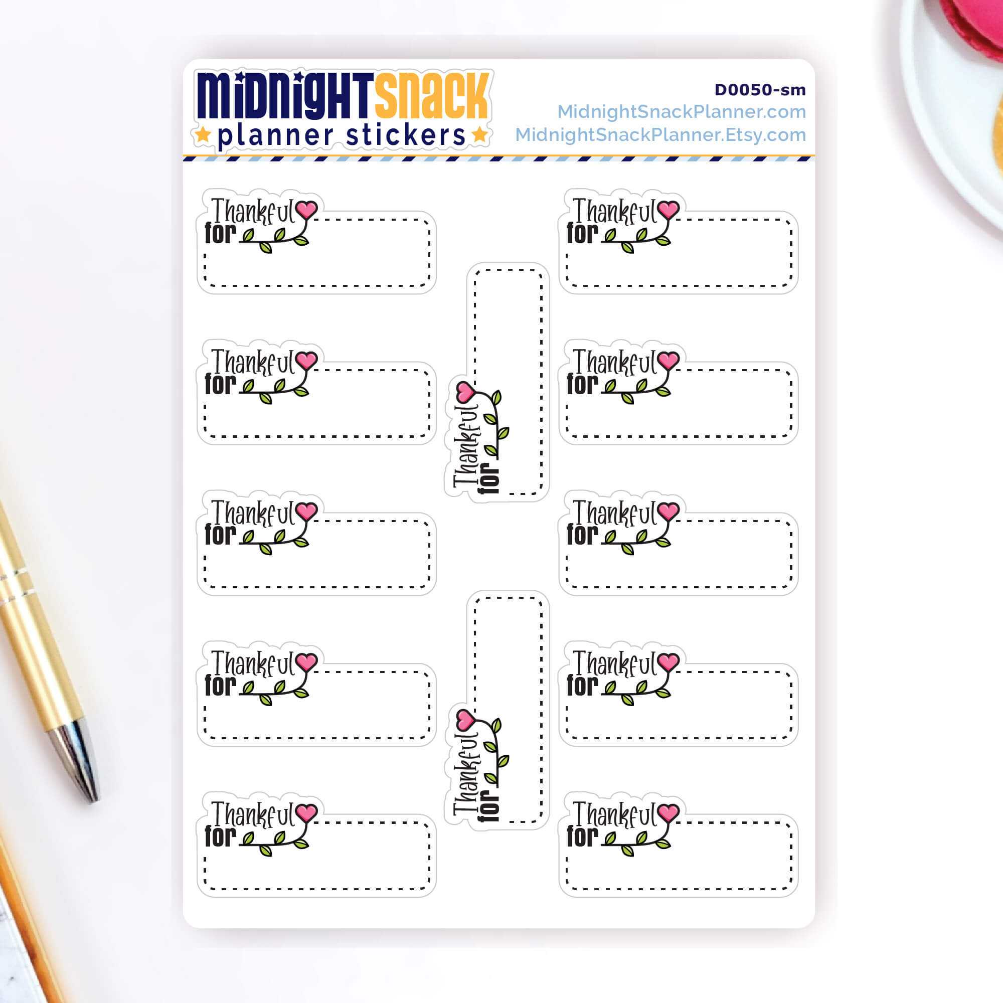 Thankful for gratitude planner stickers featuring a box to write in, a heart-shaped flower, and the words “thankful for.” Shown on the sticker sheet. 