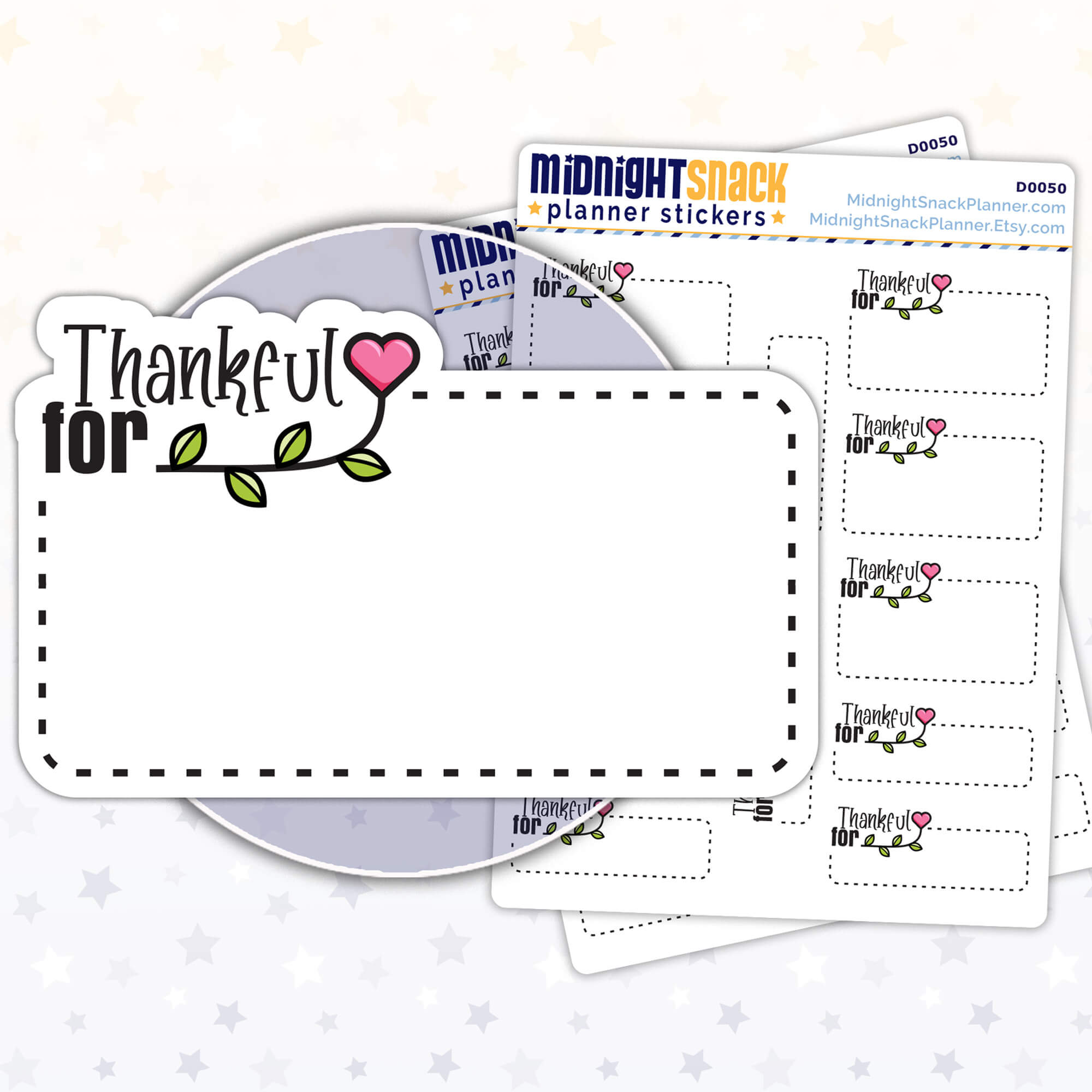 Thankful for gratitude planner stickers featuring a box to write in, a heart-shaped flower, and the words “thankful for.”  Shown in a close up the sticker and two sticker sheets. 