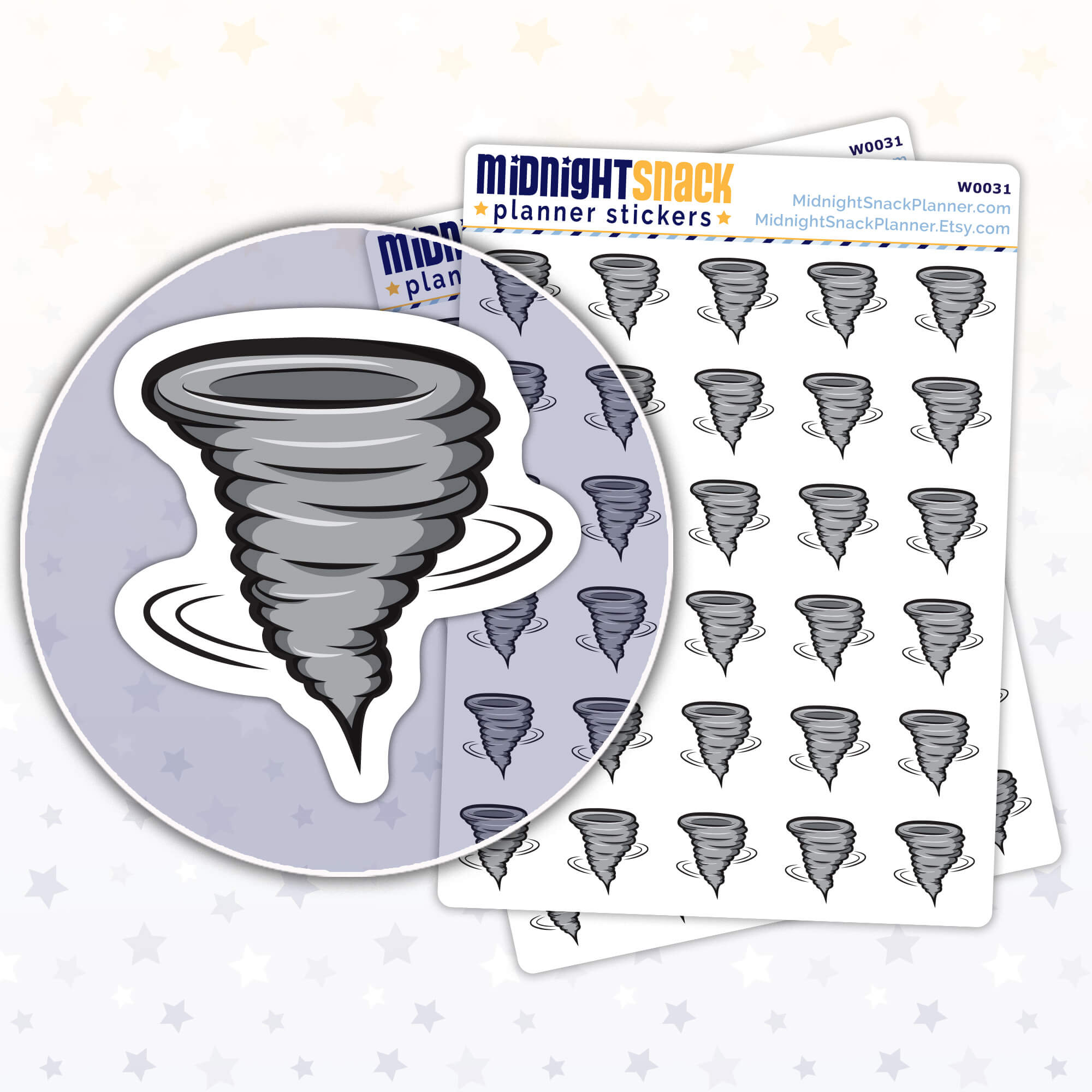 Tornado planner stickers, large size, shown in a close up the sticker and two sticker sheets.