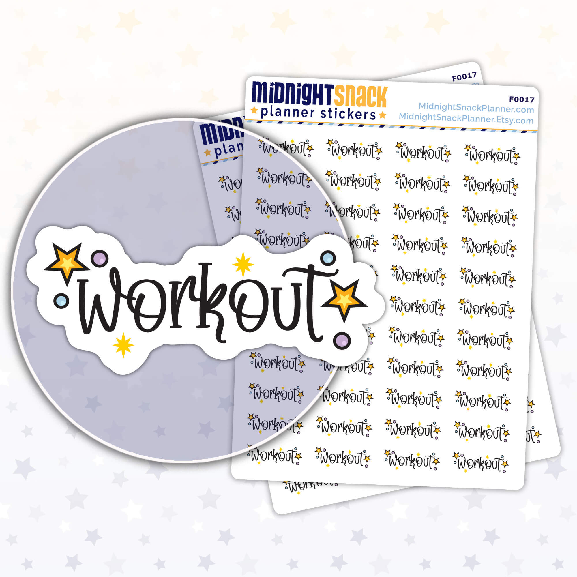 The script workout planner stickers feature the word "workout" and some small embellishments. Shown in a close up the sticker and two sticker sheets. 