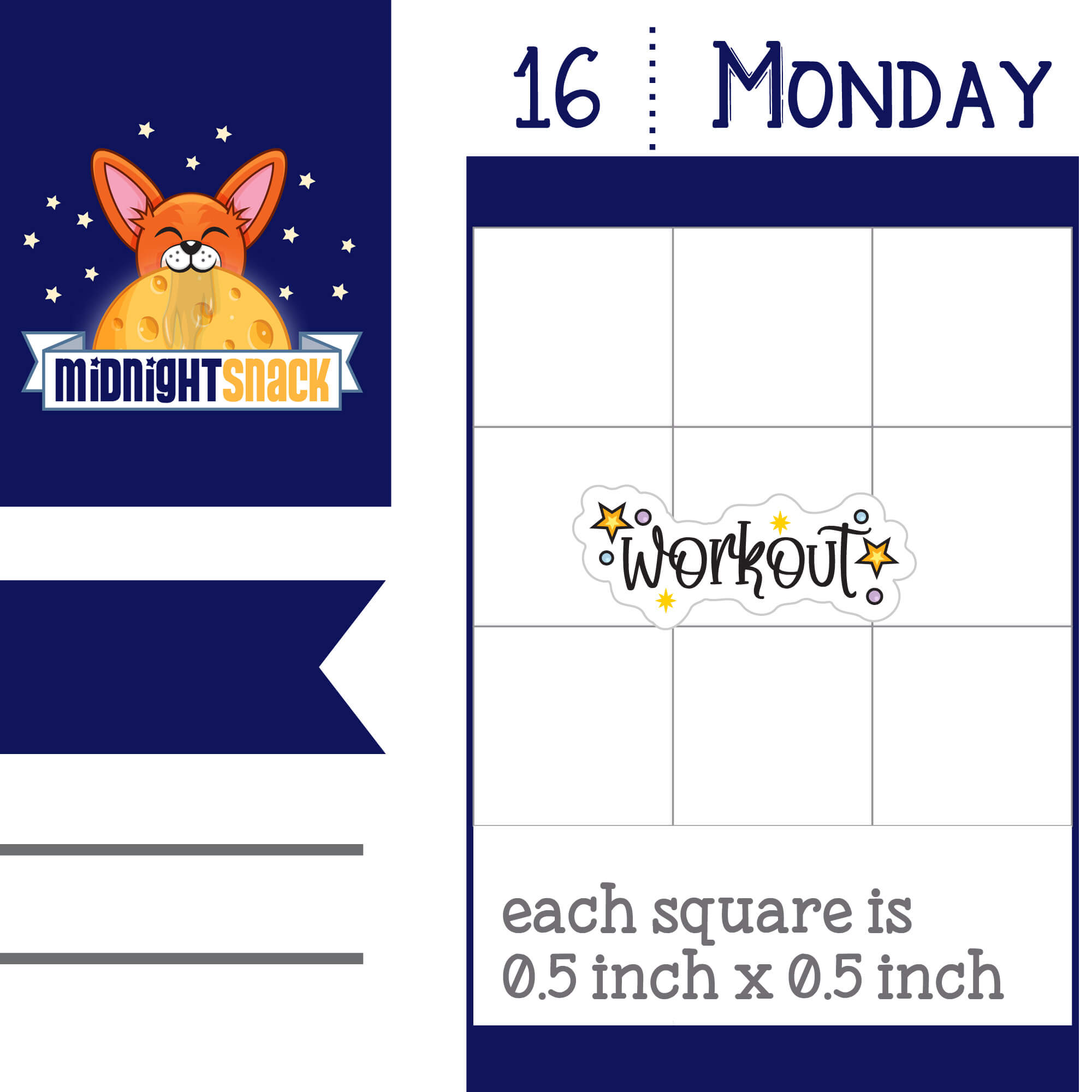 The script workout planner stickers feature the word "workout" and some small embellishments. Shown as it would look on a standard 1.5 inch box vertical planner page.