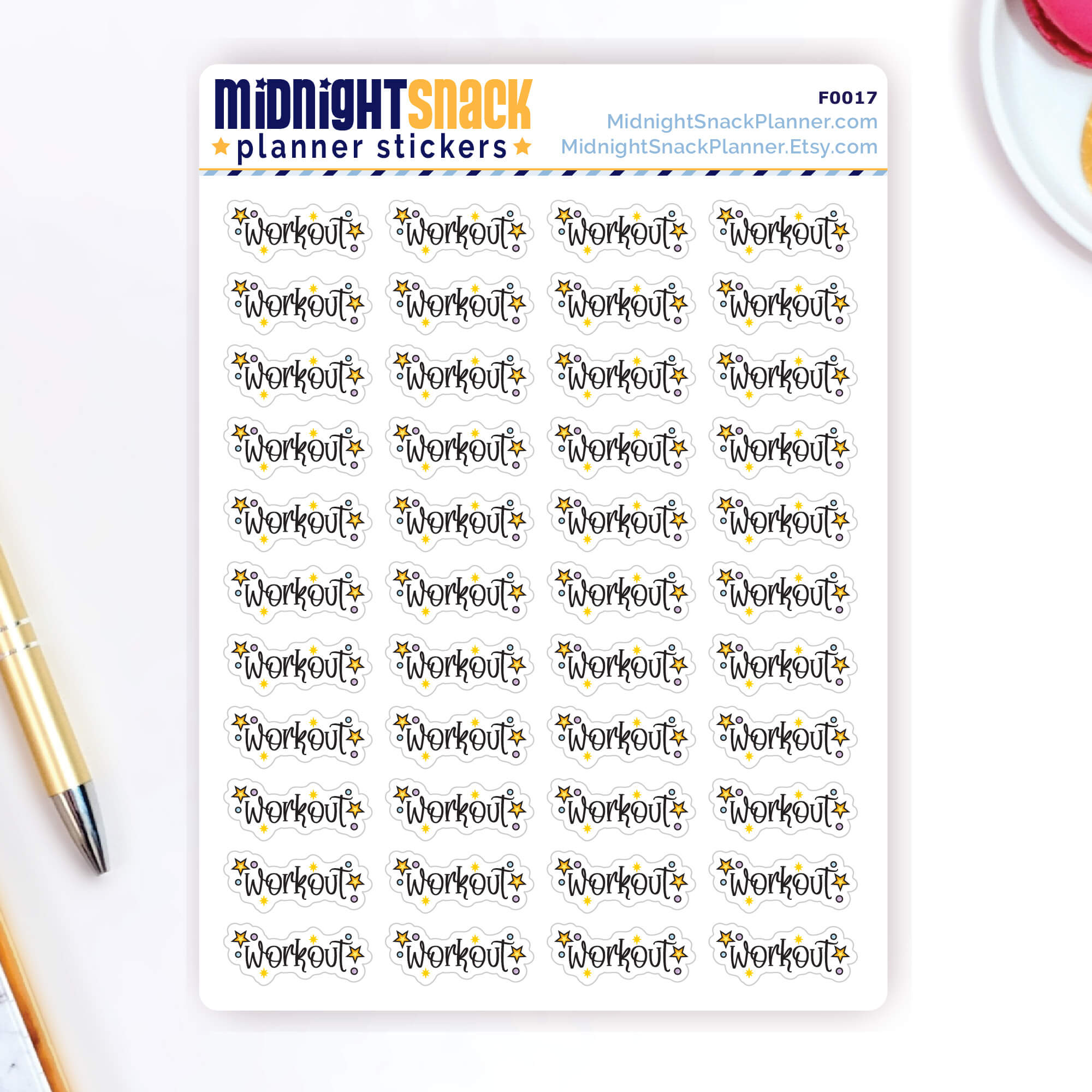The script workout planner stickers feature the word "workout" and some small embellishments. Shown on the sticker sheet. 
