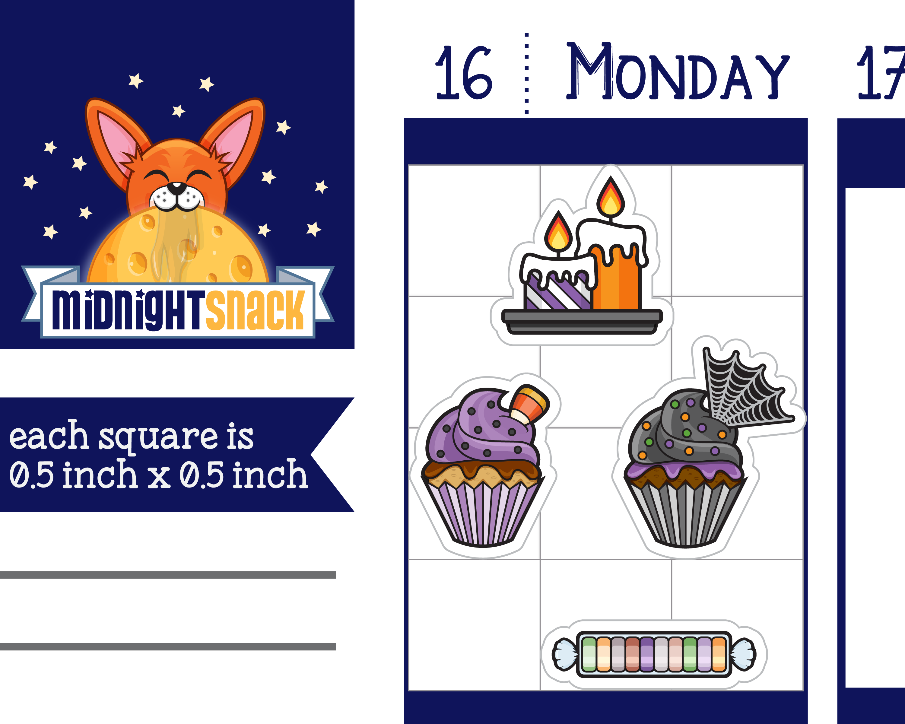 Halloween Sampler: Spooky Planner Stickers from Midnight Snack Planner. Featuring a close up and sizing information of Halloween cupcakes, candy and candles. 