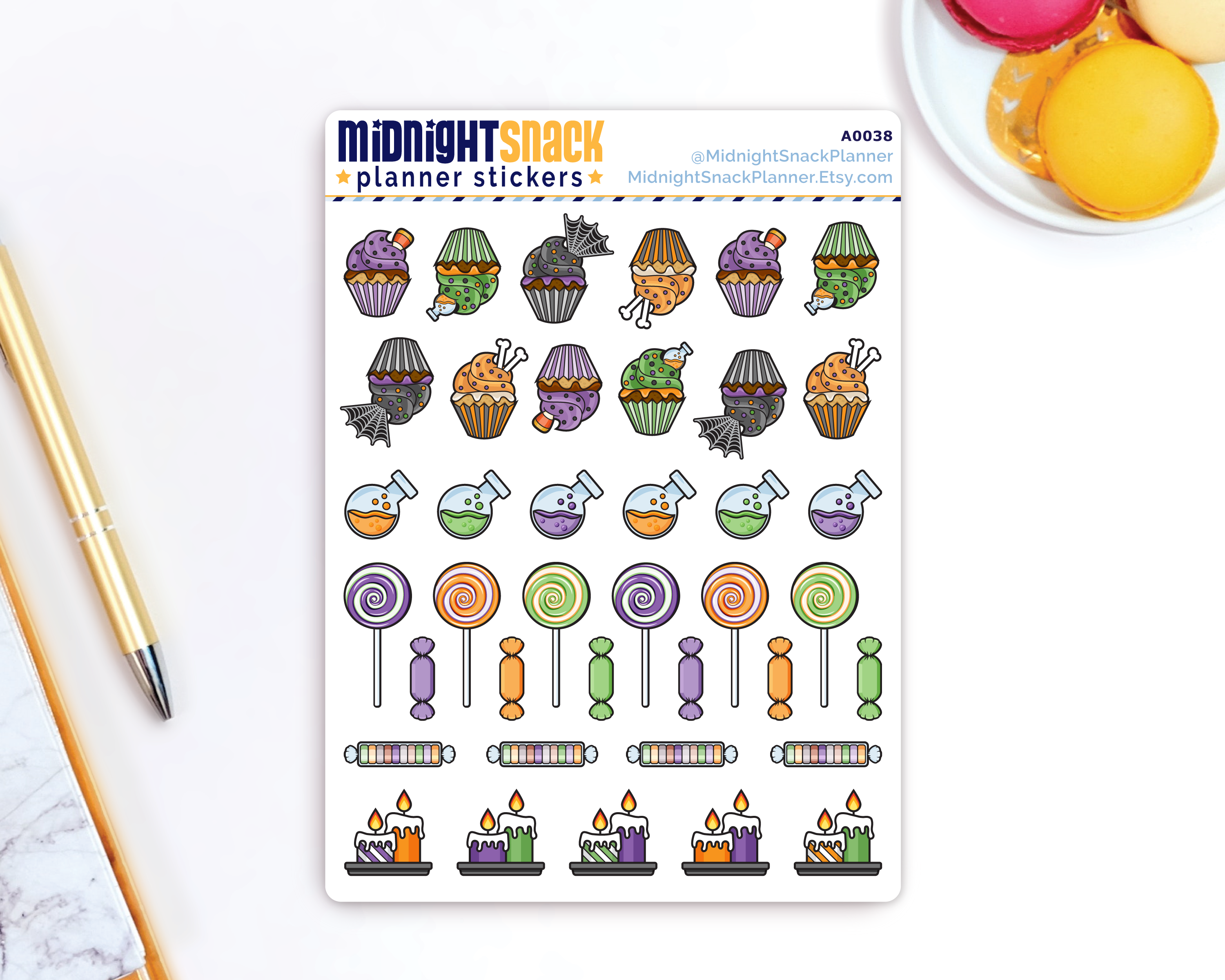 Halloween Sampler: Spooky Planner Stickers from Midnight Snack Planner. Featuring a close up of Halloween cupcakes, candy and candles. 